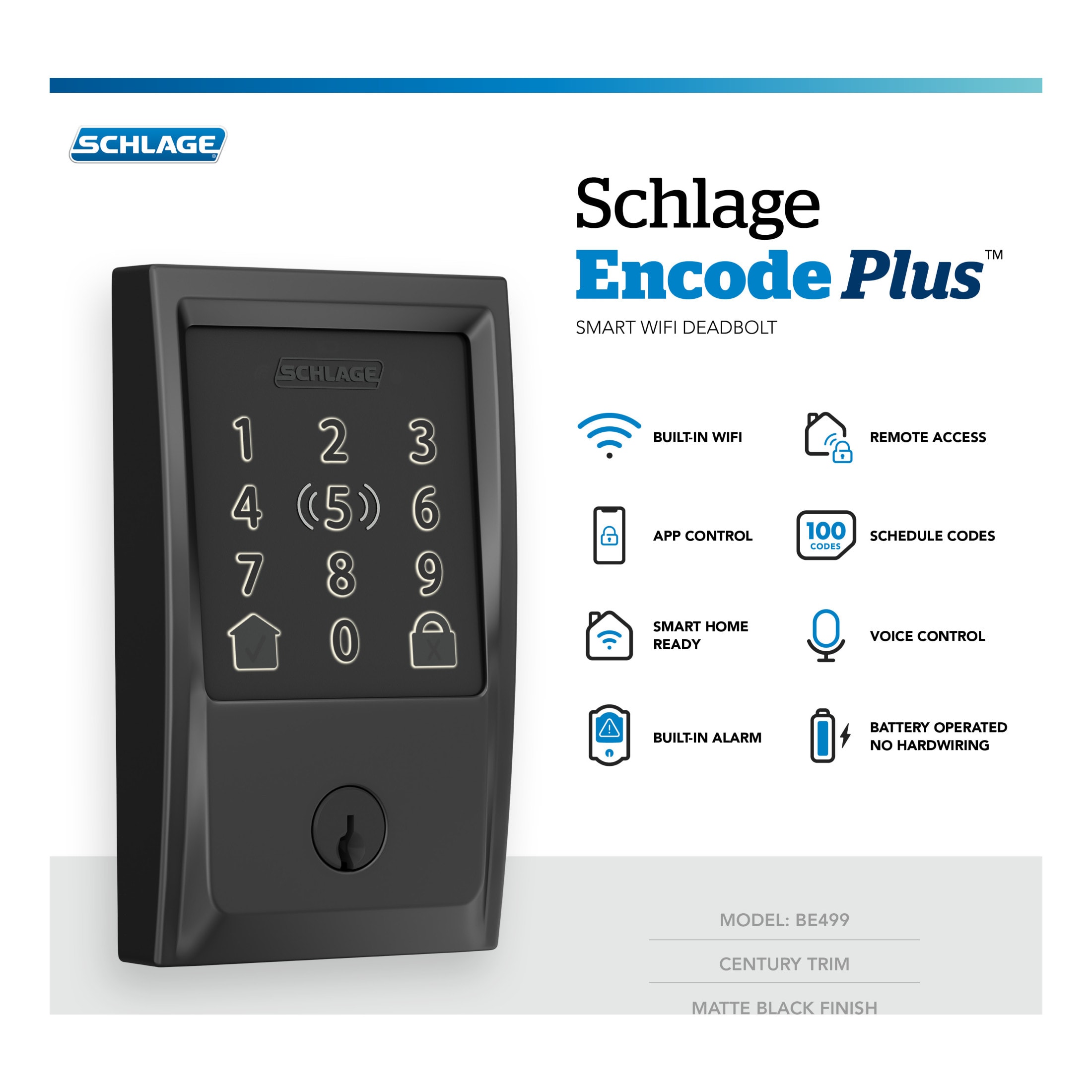 Schlage Encode Plus Century Matte Black Smart Lock Electronic Deadbolt with Wifi Bluetooth Touchscreen Keypad BE499WB V CEN 622 Sansujyuku sansujyuku.com