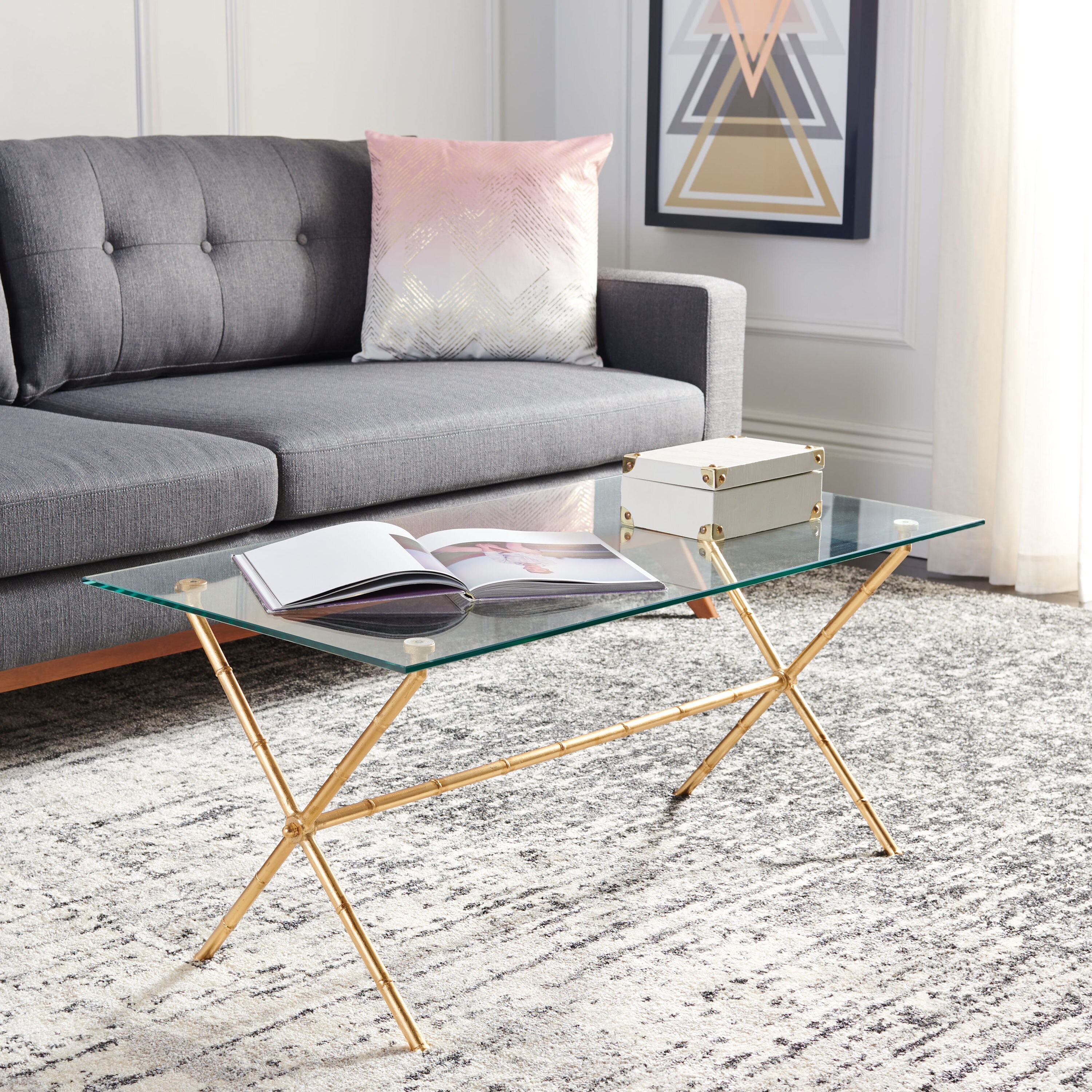 Safavieh FOX2527B Brogen 37.4-in W x 17.0-in H Gold/Clear Glass Top Glass Rectangular Modern End Table Assembly Required