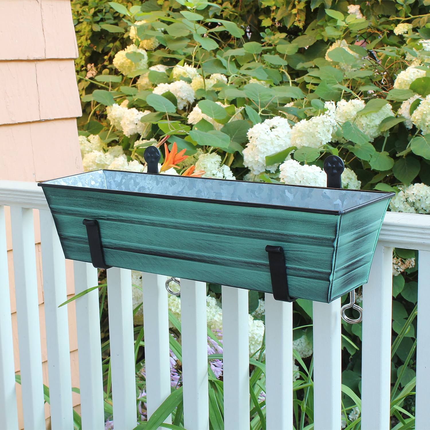 Small Green Patina Galvanized Steel Flower Box with Black Wrought Iron Brackets
