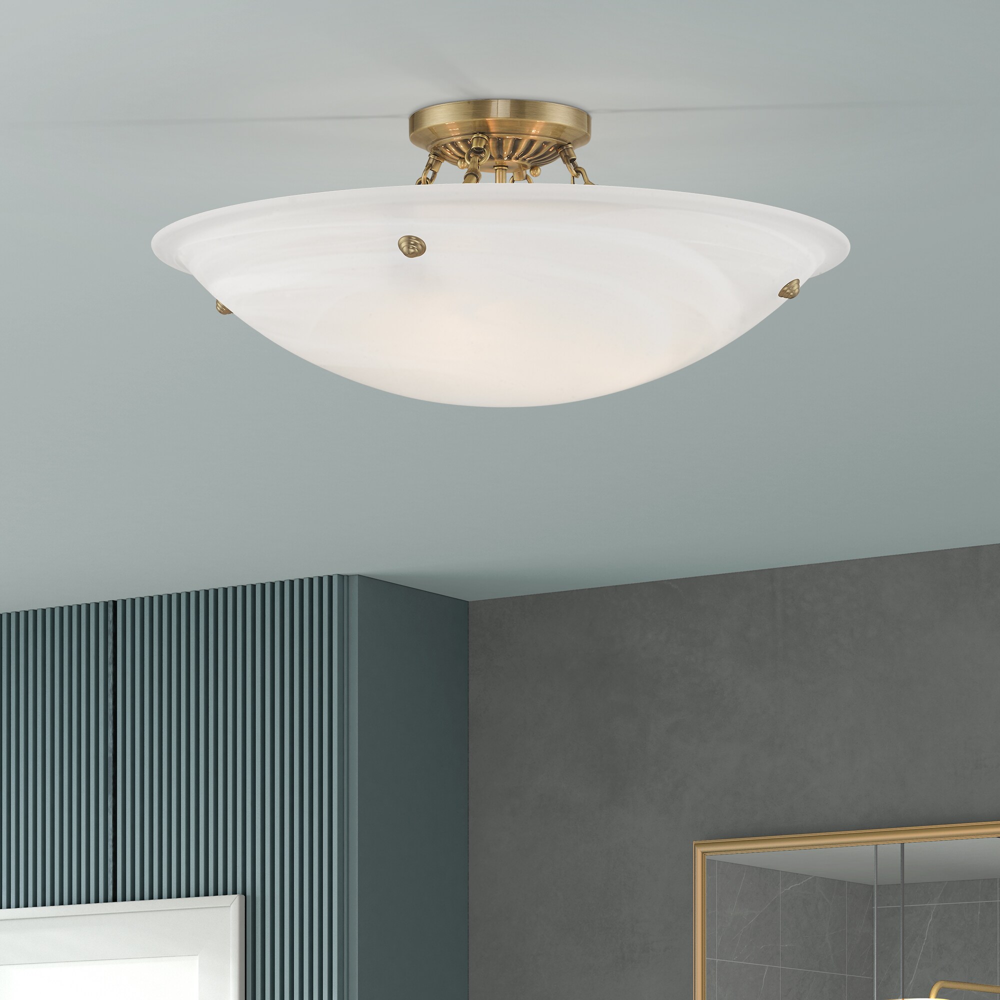 Antique Brass 4-Light Ceiling Mount with White Alabaster Glass