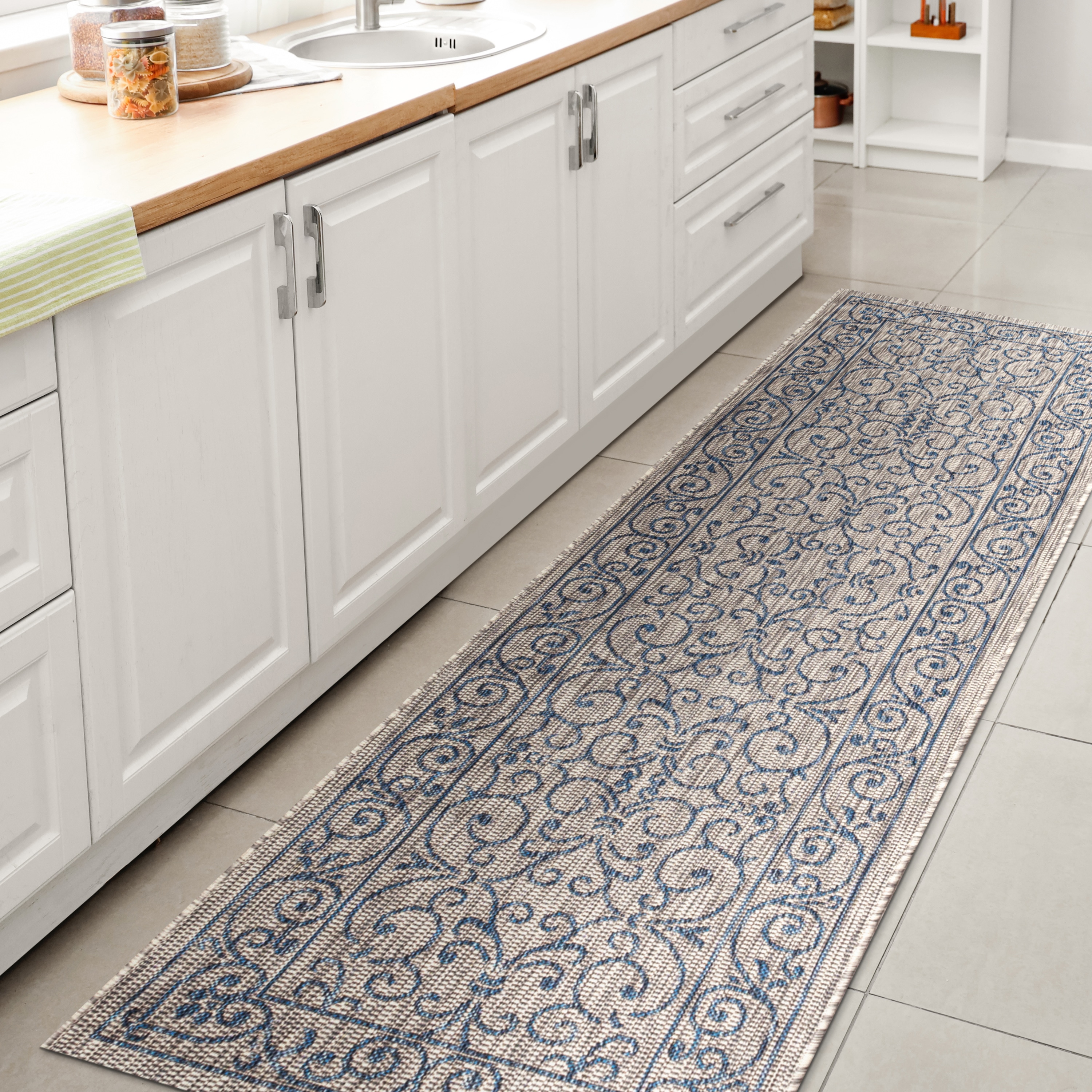 JONATHAN  Y SMB106C-210 Santa Monica Charleston Filigree Textured Weave 2 x 10 (ft) Loomed Polypropylene Gray/Navy Rectangular Indoor/Outdoor Border French Country Runner rug