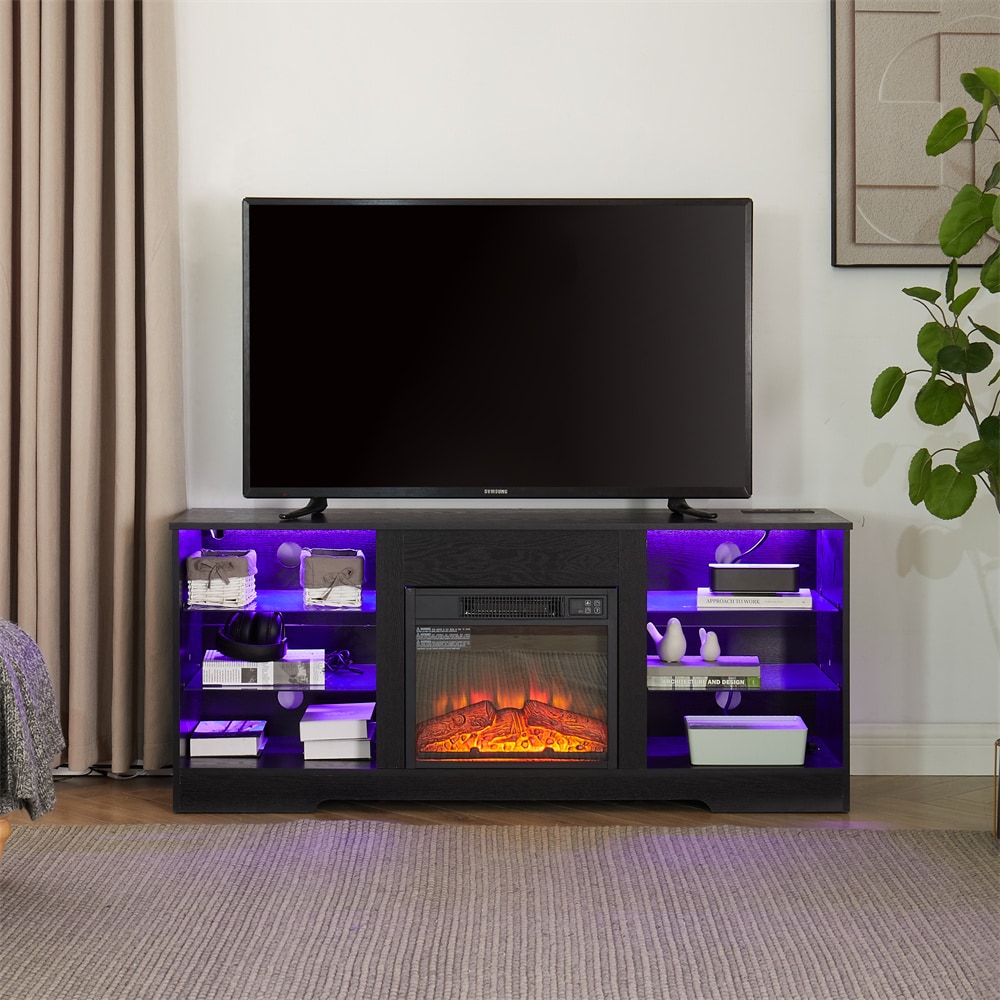 BABOOM BOM-52901-OR 57.87-Inches W Black TV Stand with Fan-forced Wall-mount Electric Fireplace with Remote Control Included