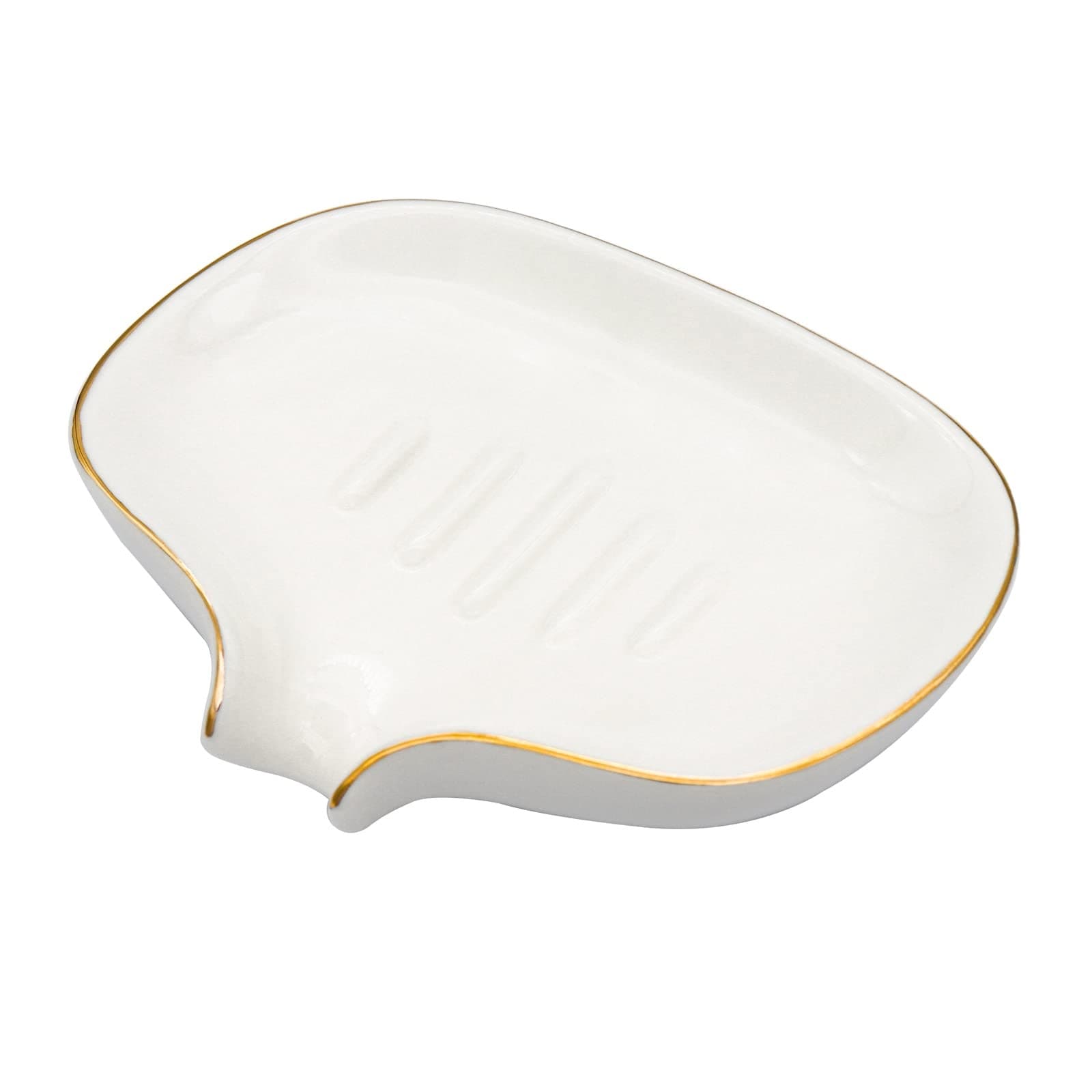 Aoibox  1 Pack White Ceramic Self Draining Waterfall Soap Dish with Gold Edge for Bathroom Kitchen Bar Counter