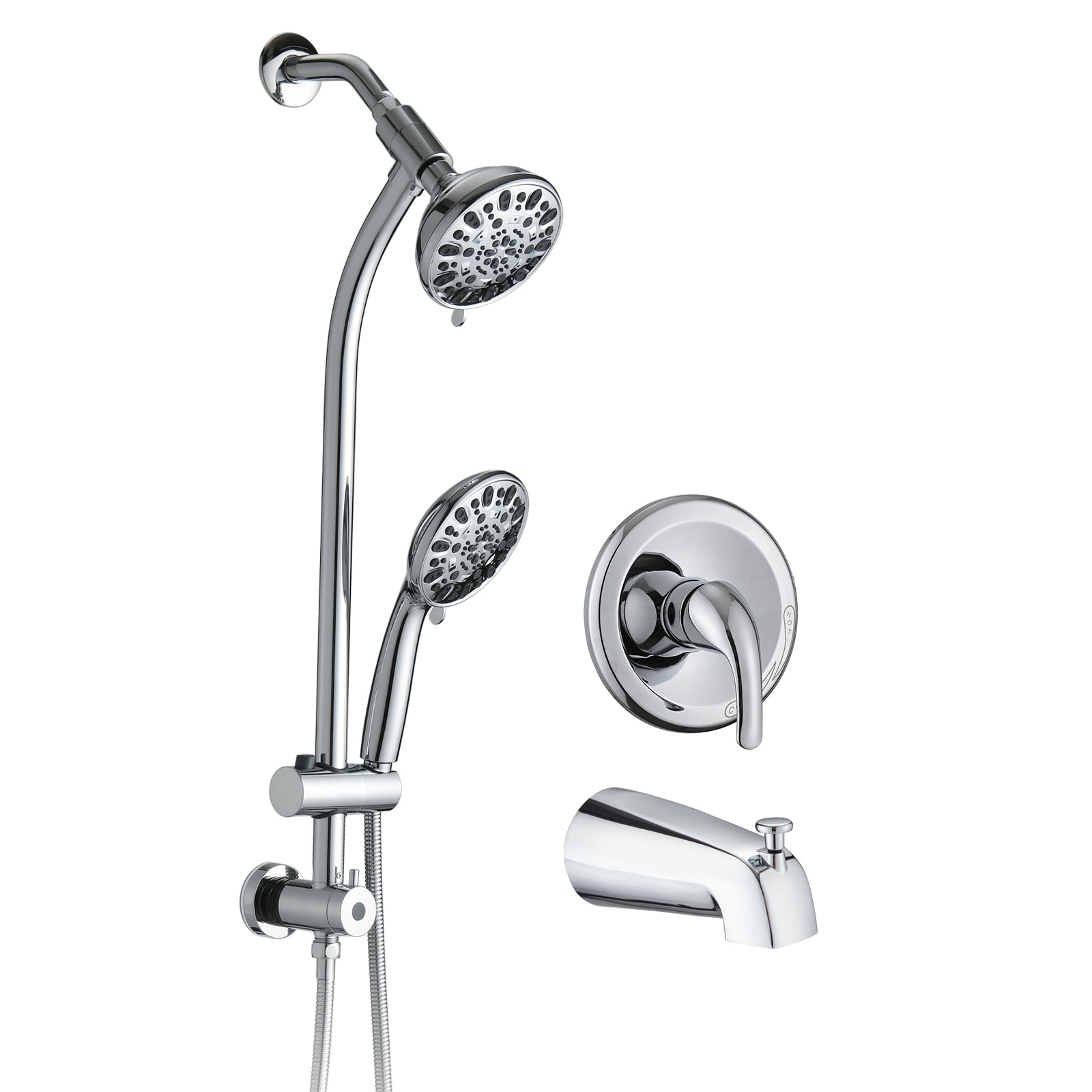 Tatayosi T155528 Drill Free Stainless Steel Slide Bar Combo Rain Showerhead 7 Setting Hand Dual Shower Head Spa System with Tup Spout Rough in Valve Included