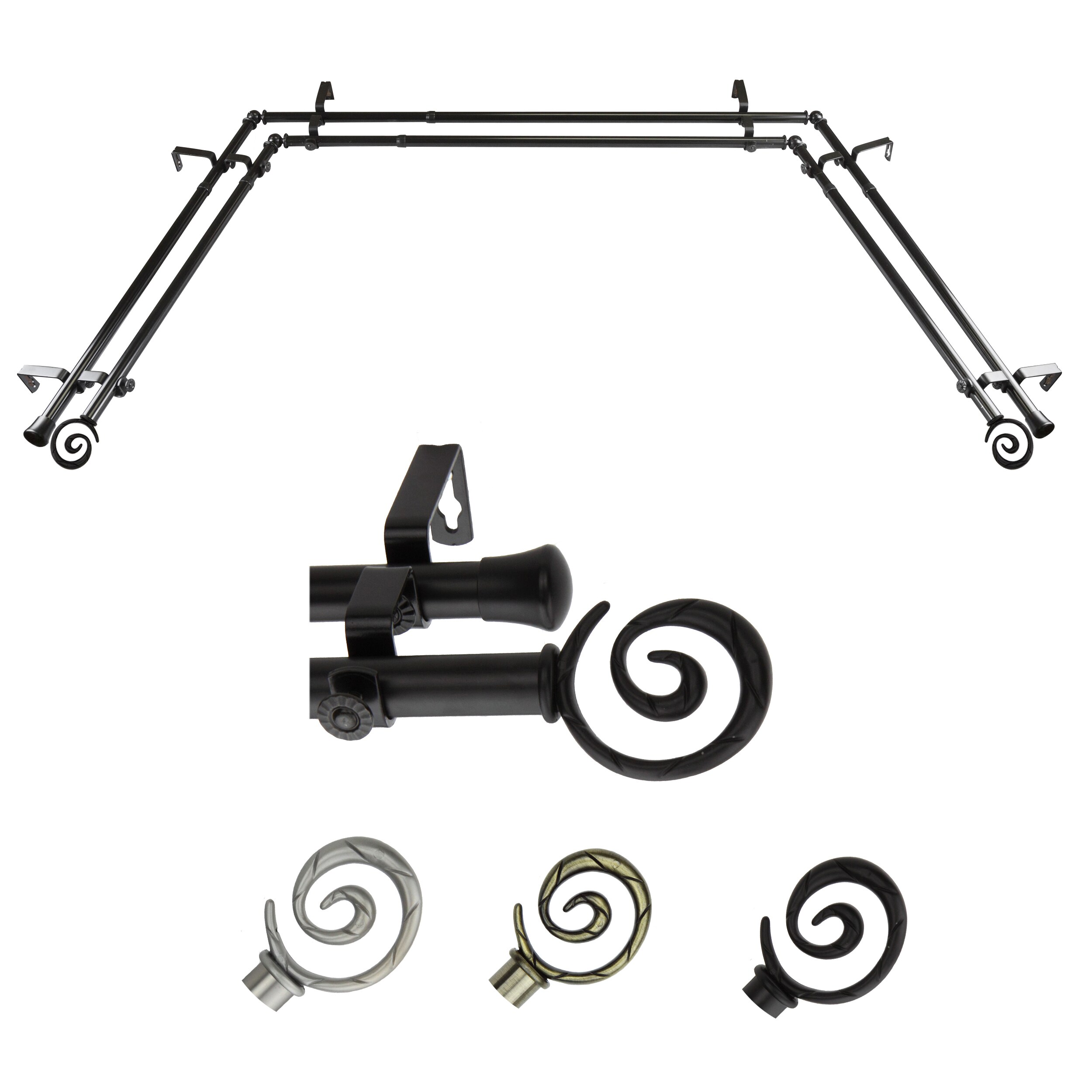 Hart & Harlow LO-ABAY-27-2D 72-in to 144-in Black Steel Bay window curtain rod with Finials