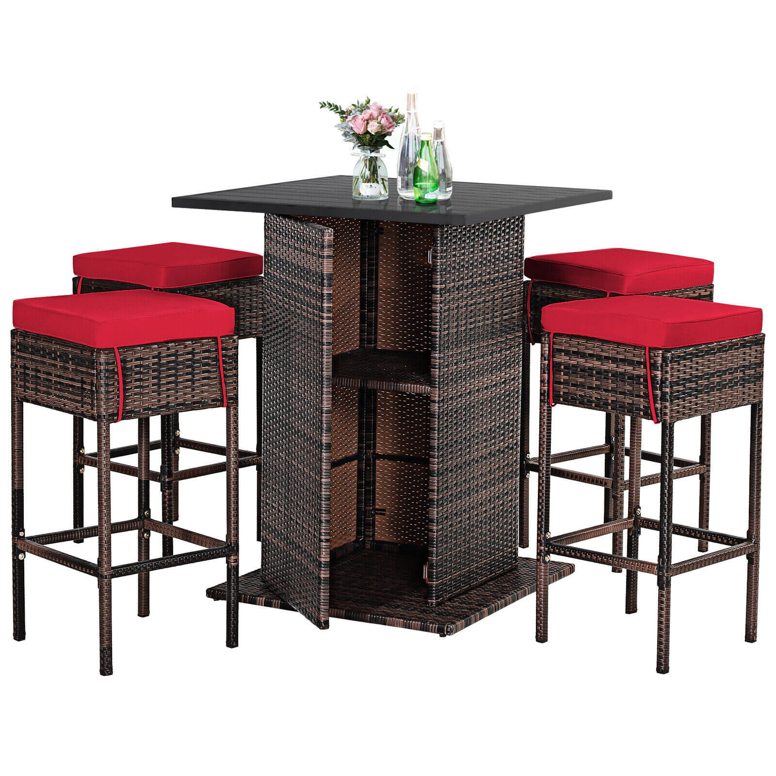 Volenca 5-Piece PE Rattan Patio Bar Set with Cushions and Hidden Storage Shelf 350-lb Stool Capacity