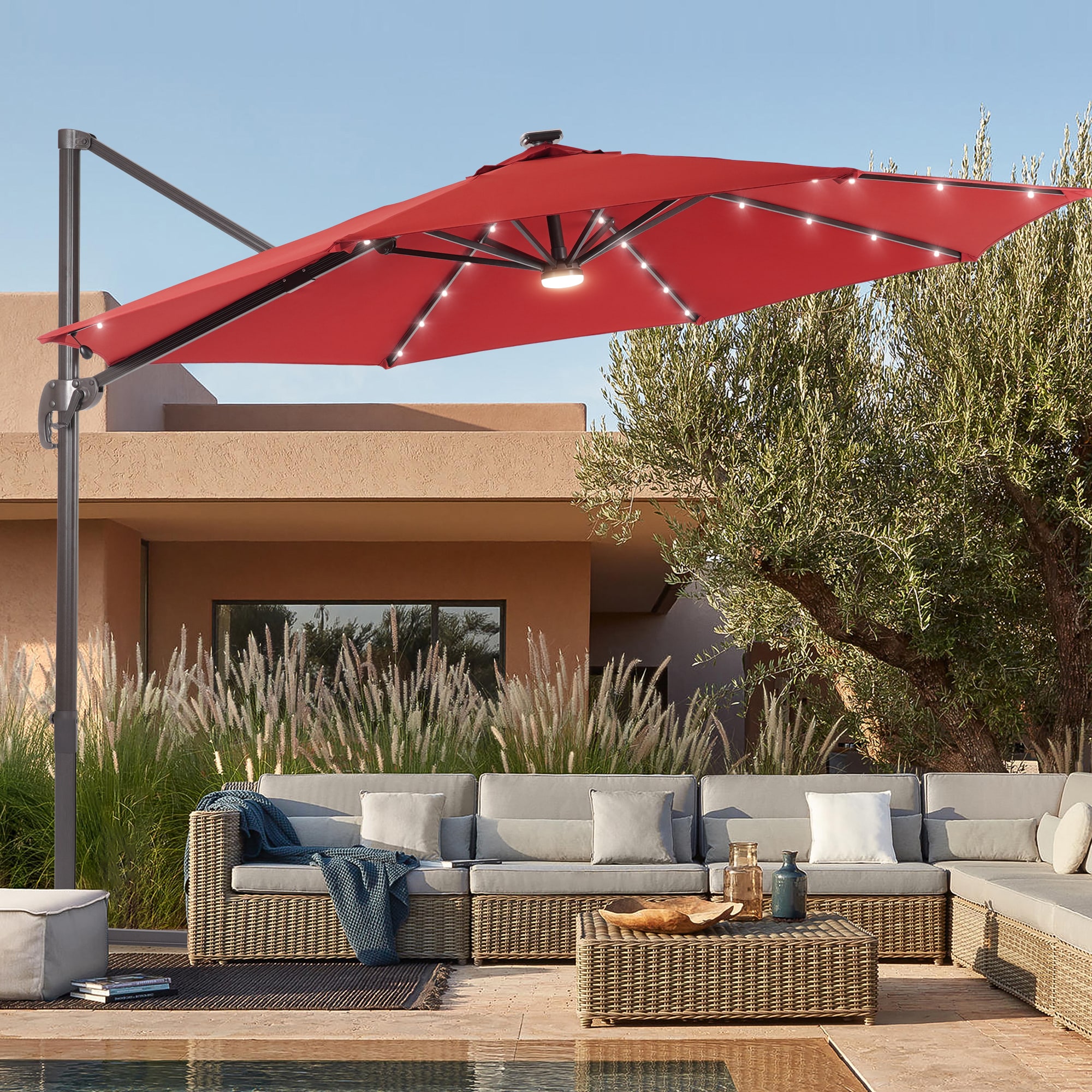Sonkuki SD-MN335RD-LED 11-Feet Aluminum Red No-tilt Cantilever Patio Umbrella with Lights and