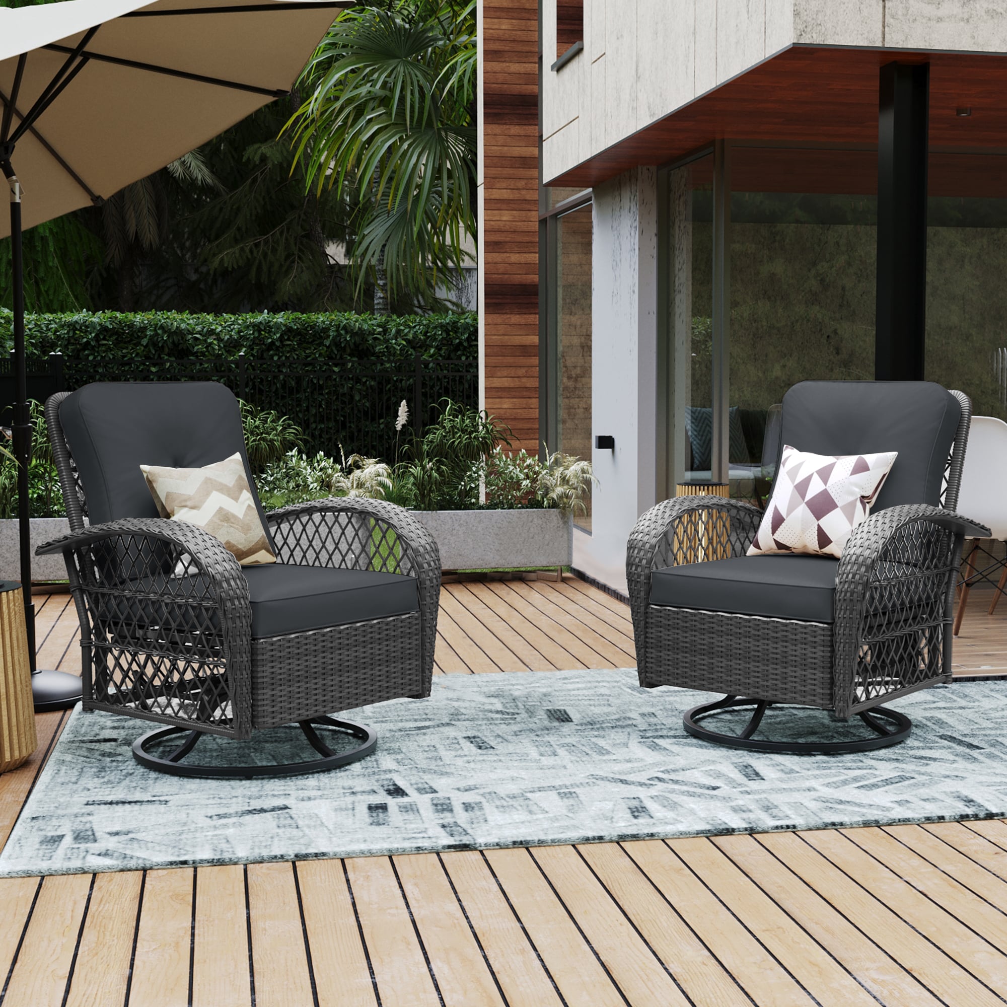 UPHA Y9DK-CJ2-DG Swivel Chair Set of 2 Rattan Gray Rattan Frame Swivel rocker Conversation Chair with Dark gray Cushioned Seat