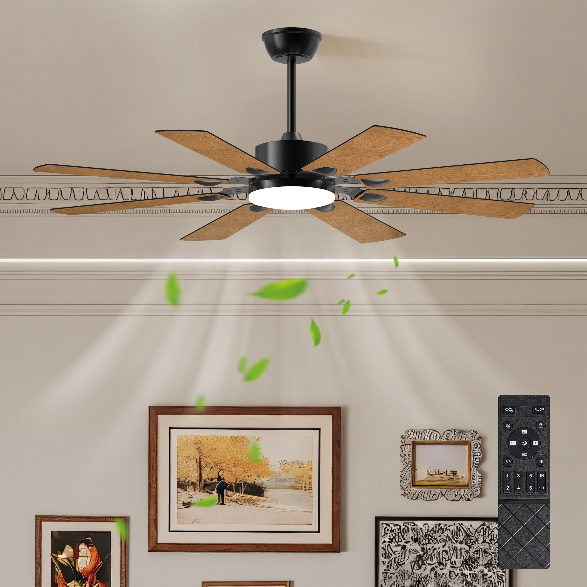 Cuschoice  52-in Black Windmill Ceiling Fan with LED Light 8 Plywood Blades Remote Control 6-Speed Reversible DC Motor