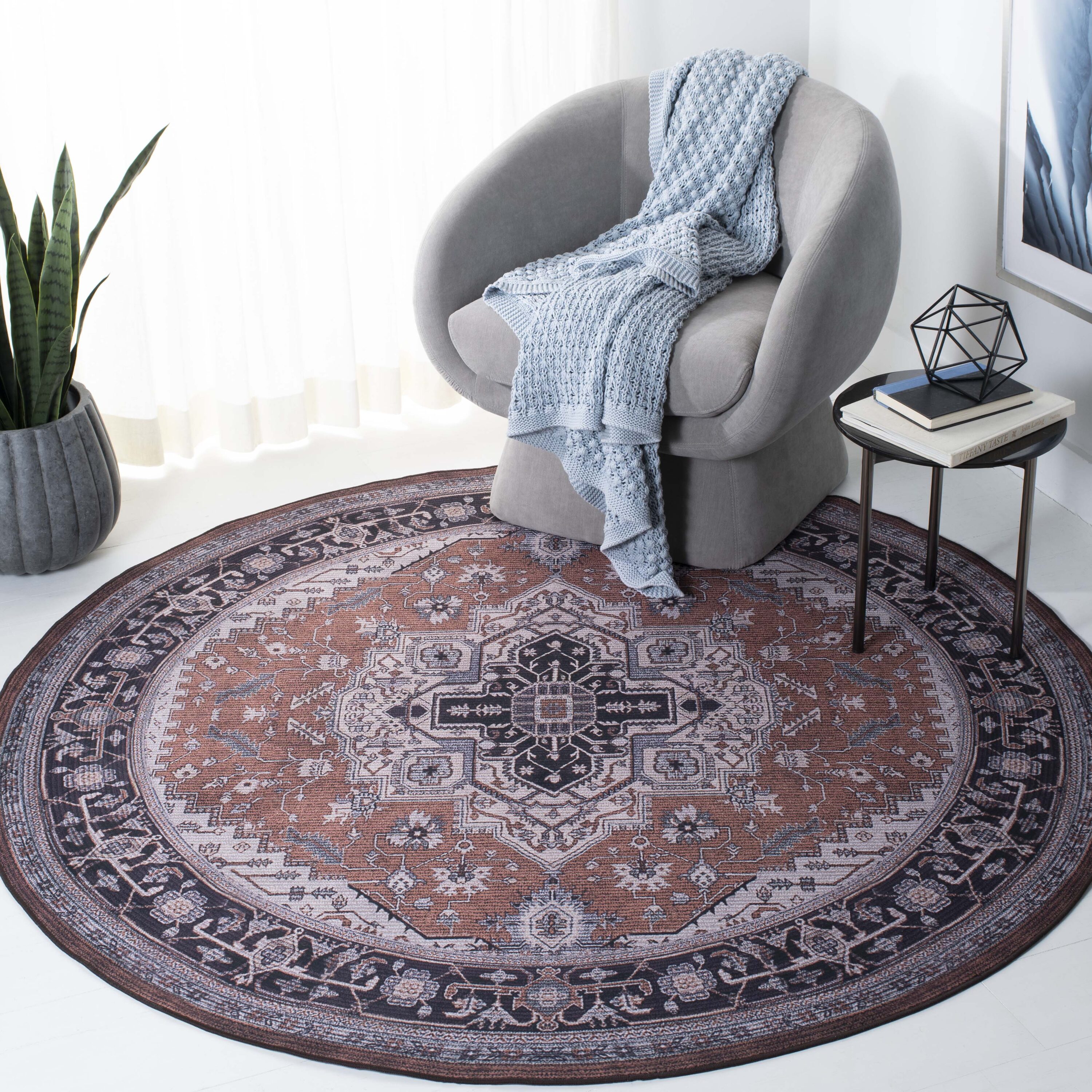 Tucson 128P Rust Navy Machine Washable/Slip Resistant 6ft x 6ft Traditional Rug