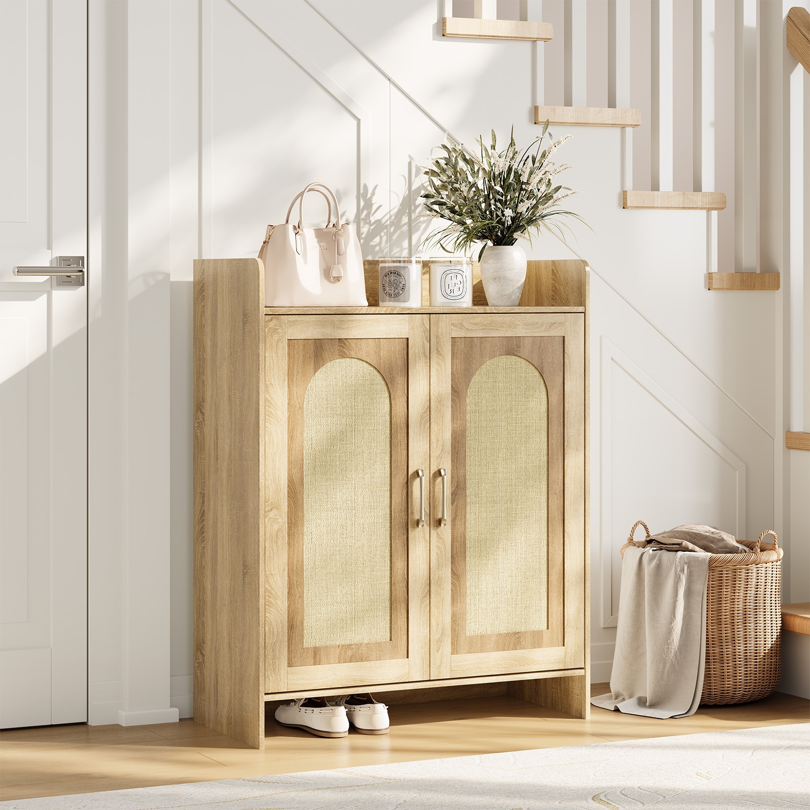 Aoile Shoe Cabinet Storage for Entryway Rattan Storage Cabinet Wooden Shoe Rack with 2 Doors Wood Shoe Organizer Cabinet for Entrance Hallway Living Room Foyer