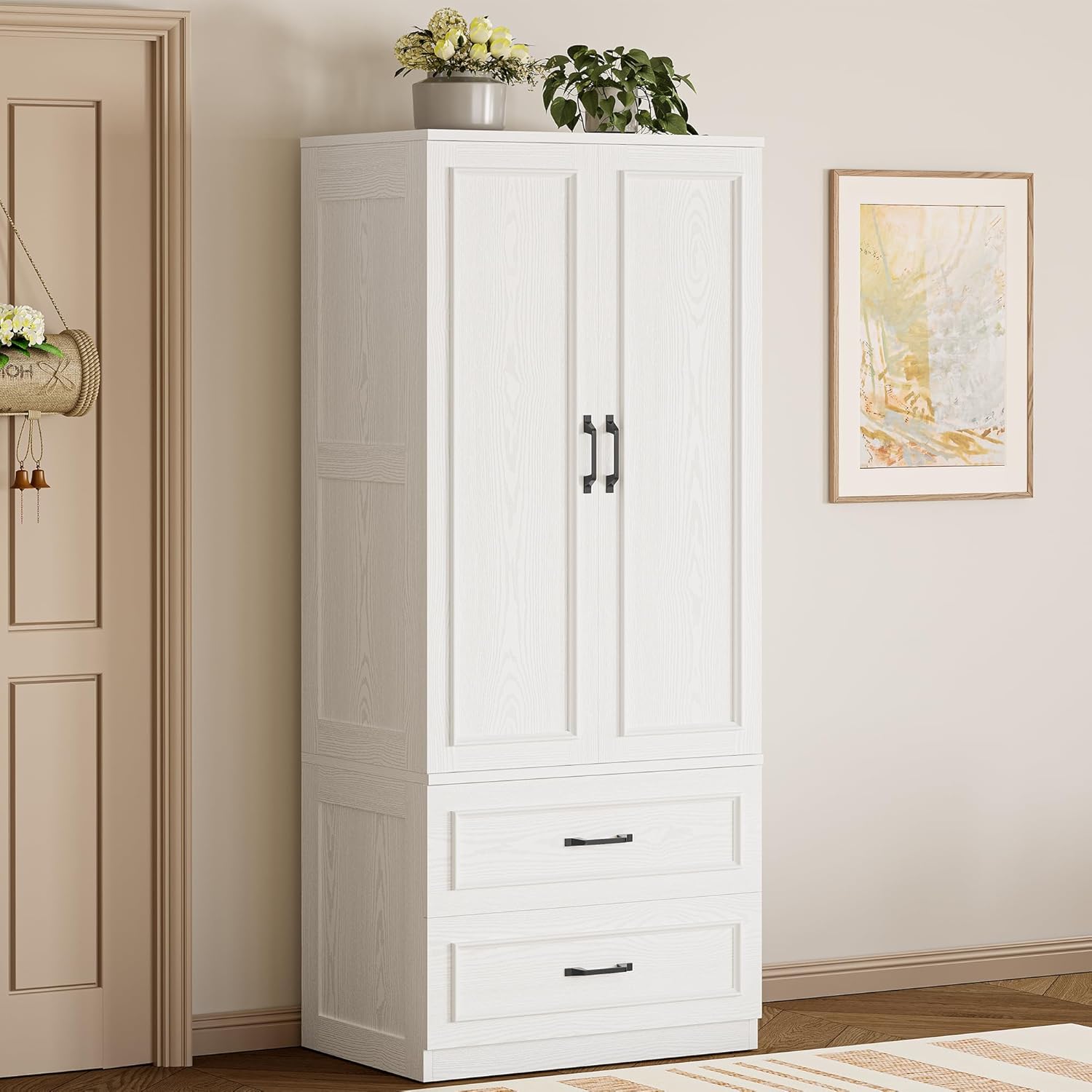 Likimio 28-in W White 2 Doors Wooden Wardrobe with 2 Drawers and