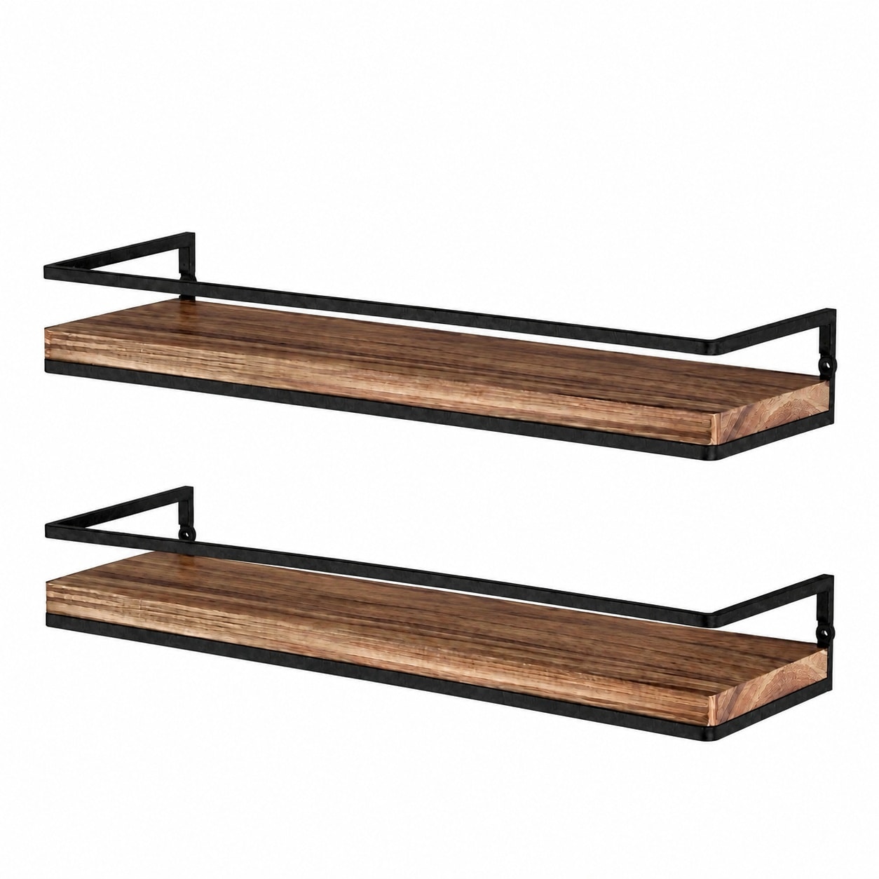 Aoibox  Rustic Wood Floating Wall Shelves Set of 2 with Metal Brackets and Safety Rail 16 in W Torched Finish