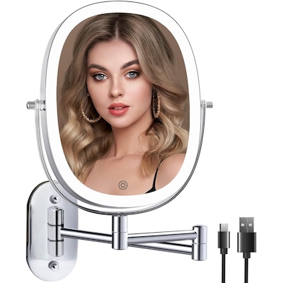 FUNTOUCH 10.75-in W x 15-in H Oval Chrome 1x/7x Magnifying LED Wall Vanity Mirror