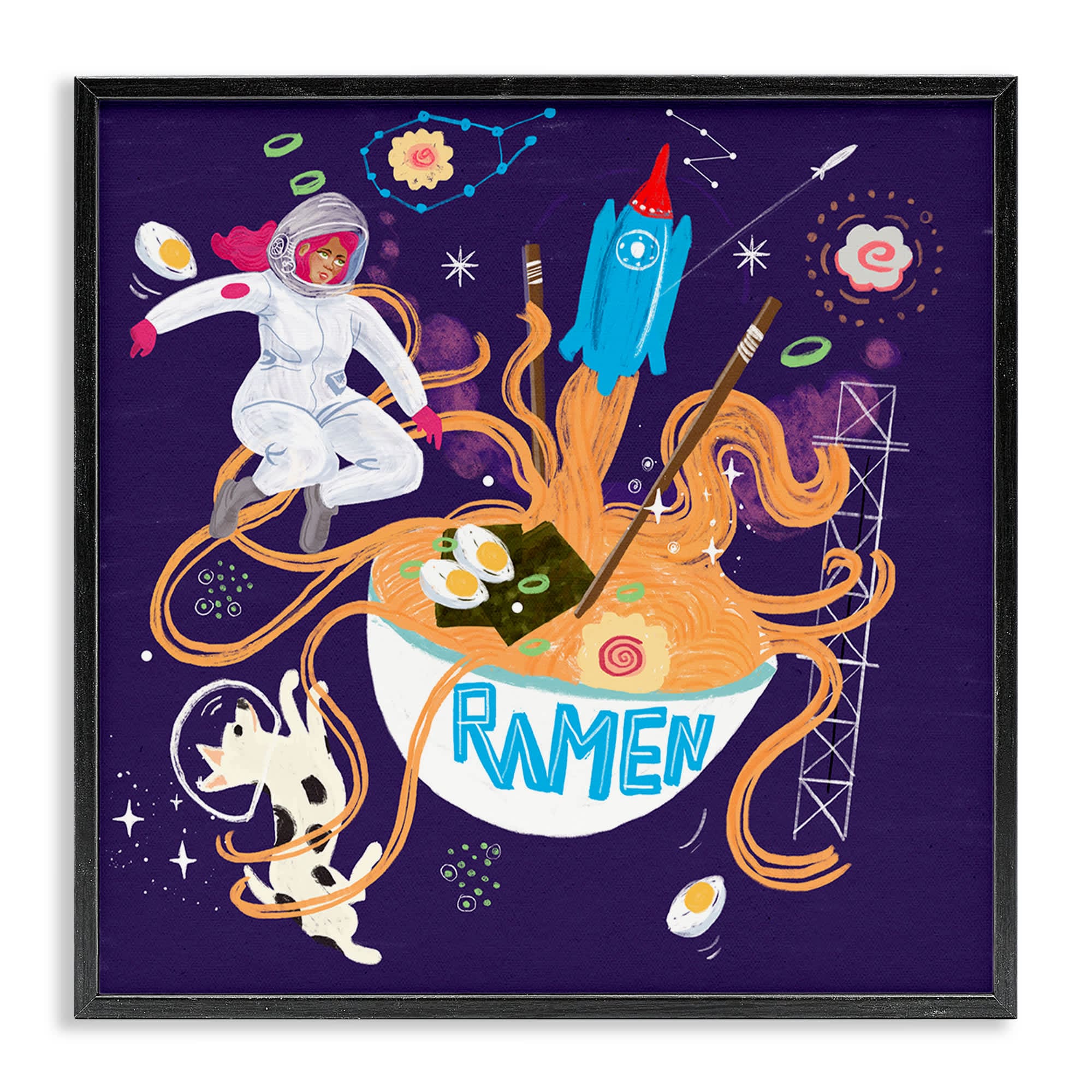 Stupell Industries BS-458-FR-12X12 Whimsical Ramen in Space Black Framed Giclee Art By Juliet Rose Philips  12 x 12