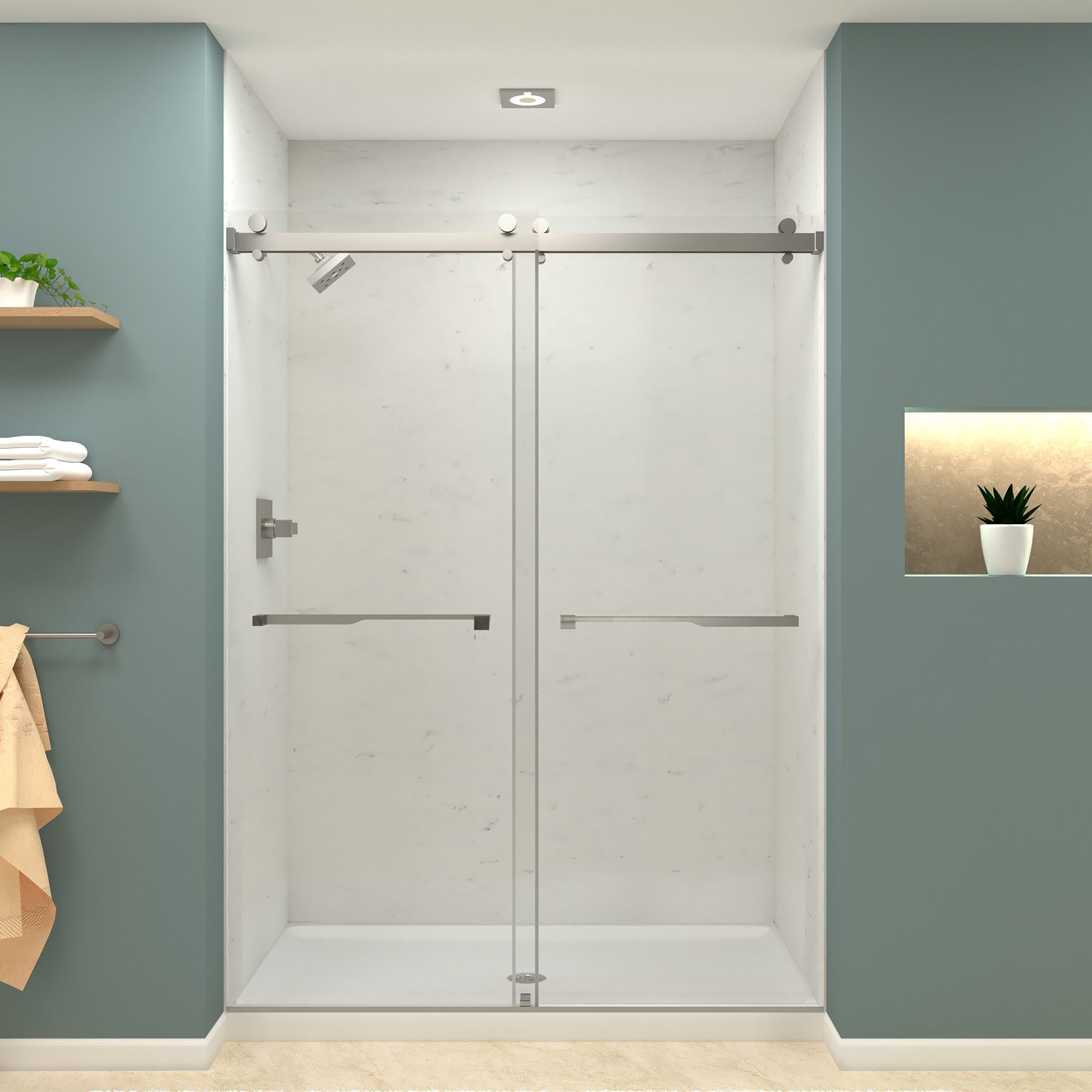 Transolid BYPT608010L-J-BS Brooklyn Brushed Stainless 58-in to 60-in W x 80-Inches H Frameless Sliding Soft Close Shower door 3/8-in Thick Clear Glass