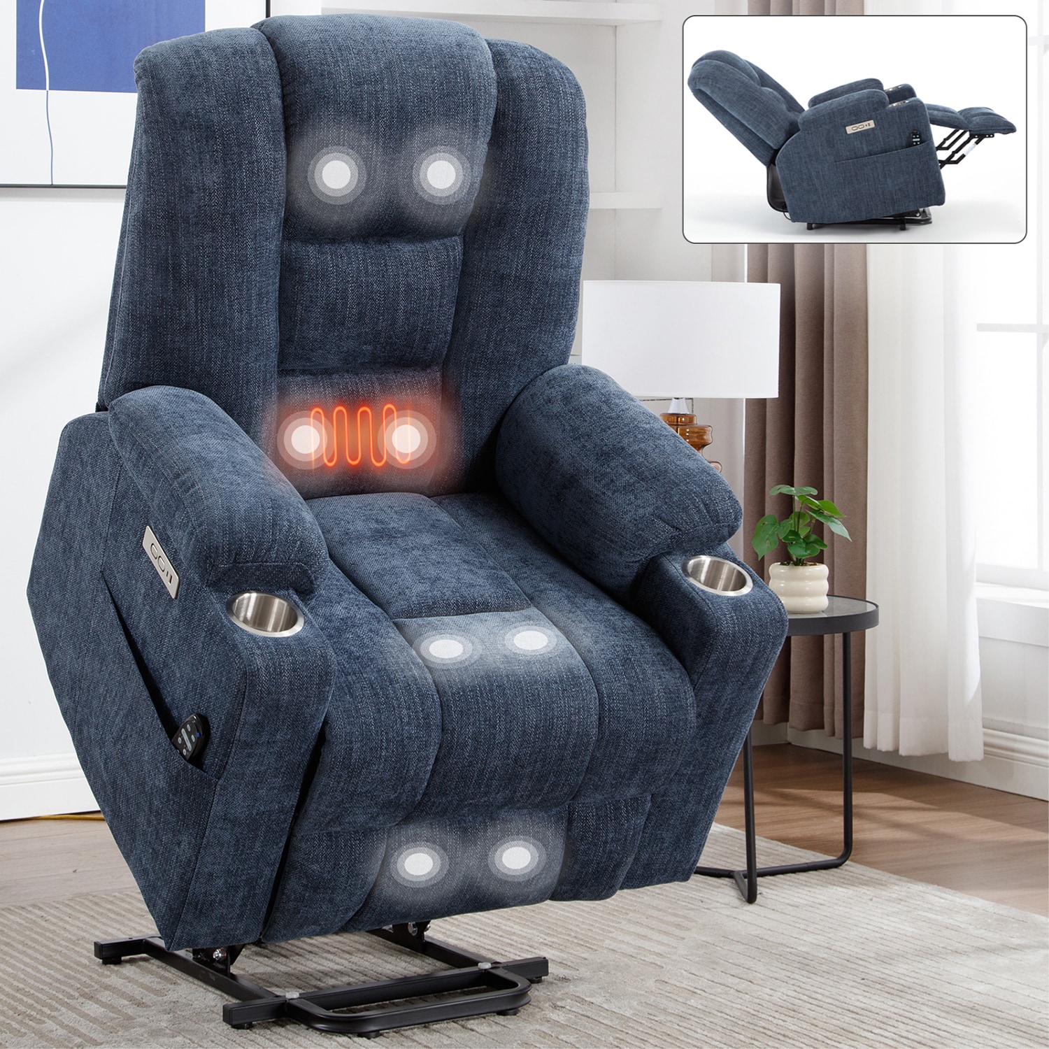 GZMR GZ-W2260 Large Power Lift Recliner with Massage and Heat Blue Chenille Upholstered Powered Reclining Recliner with Lift Assistance