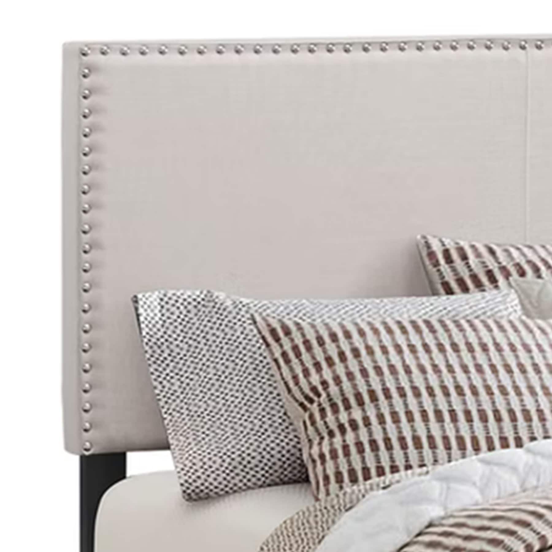 Ivory Upholstered Queen Platform Bed with Nailhead Trim and Wood Frame