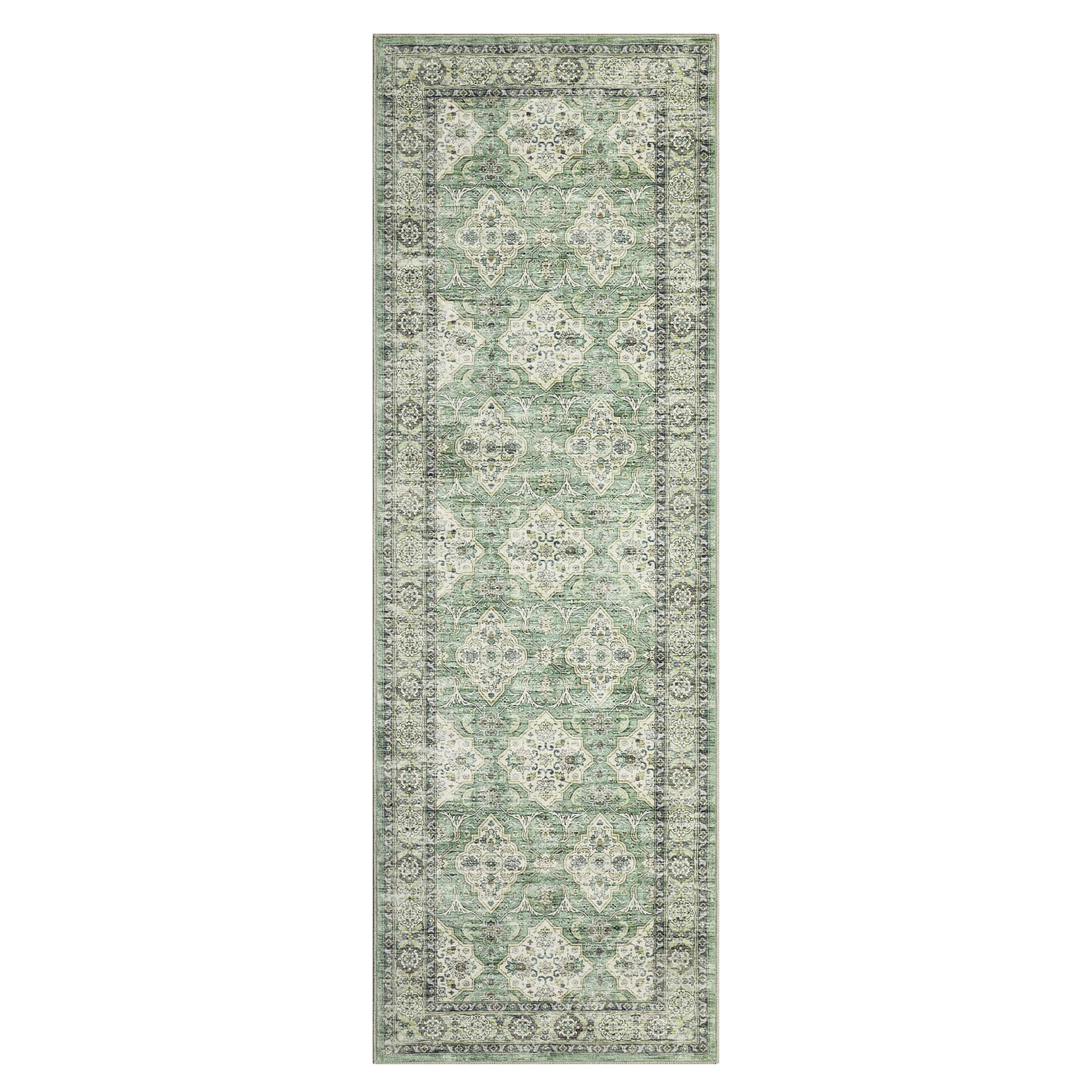 Qeetex LSN-PHO-15YER6YN 2 x 6 ft Polyester Imitation Cashmere Green Rectangular Hallway Bathroom Entryway Kitchen Office Foldable Flower Printed Persian Washable Area Rug