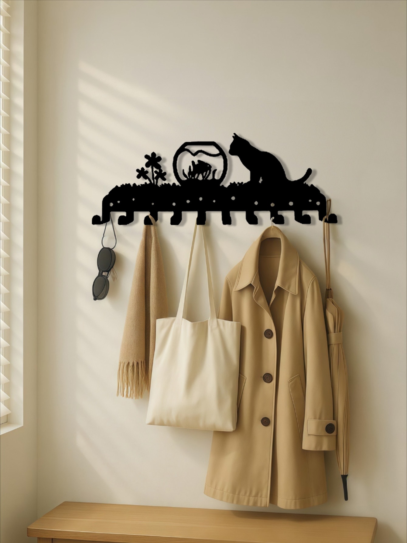 OBERSTER - Black Wall Decor Metal Cat Wall-Mounted Key Hook with 10 Hooks Holds Coats / Keys / To...