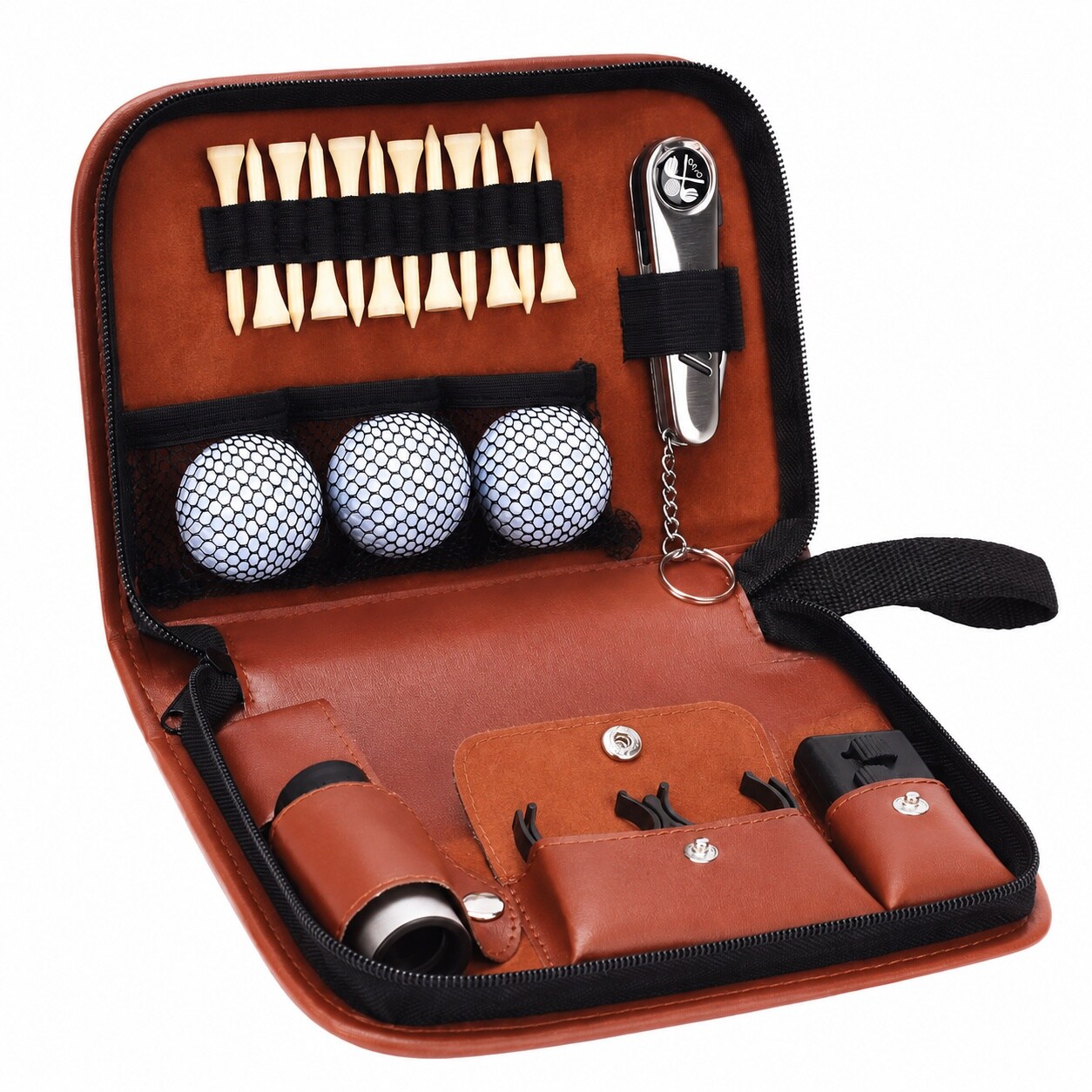 Aoibox  Golf Accessories Set with Brown Hi End Case Balls Rangefinder Tees Brush Divot Knife and Scorer