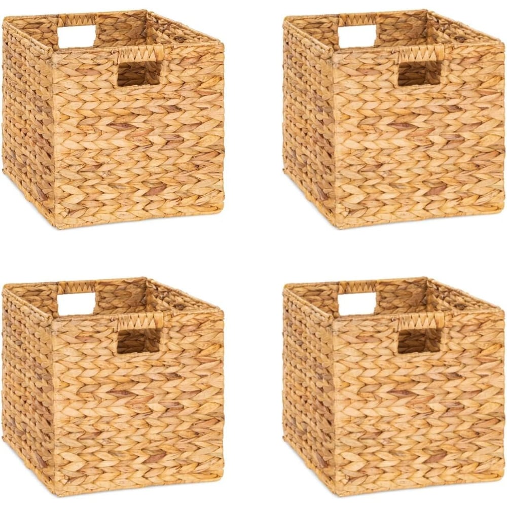 Baginizer Water Hyacinth Wicker Storage Baskets 4 Pack 12x12x12 Inch Square Woven Cubes for Shelves Bedroom Living Room #BAGINIZER000117