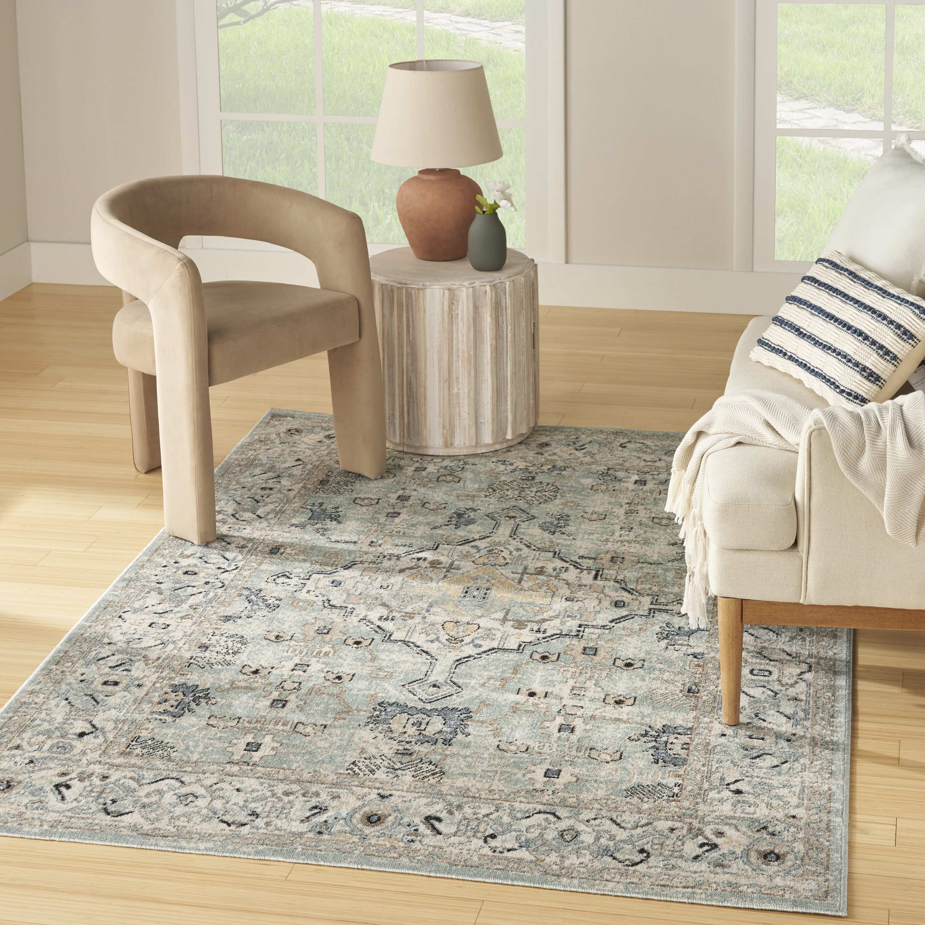 Nourison Home 099446993120 Washable Decor 5 x 7 (ft) Polyester Blue Taupe Rectangular Indoor Medallion Machine washable Area rug
