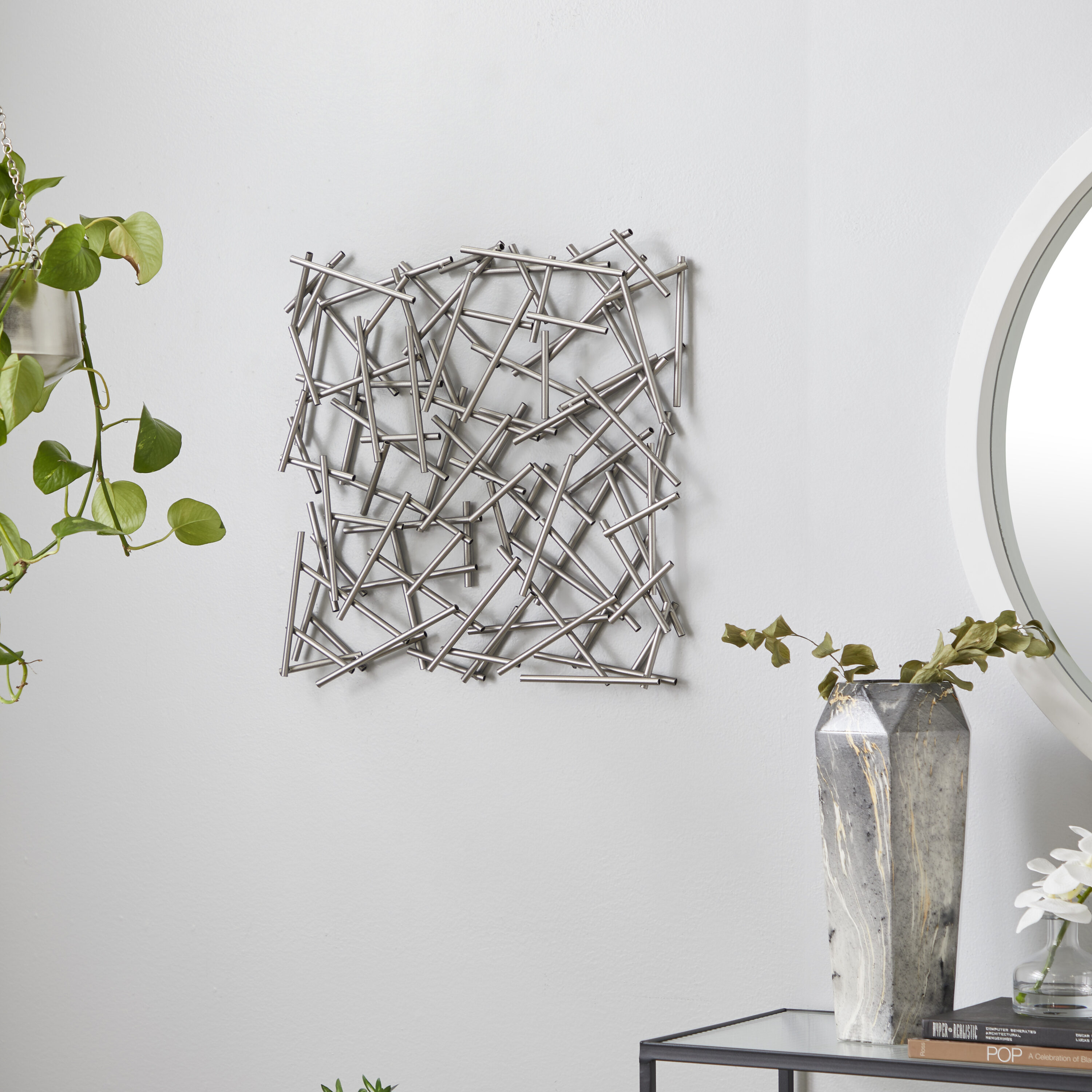 Silver Metal Abstract Geometric Wall Sculpture, 20" x 20"