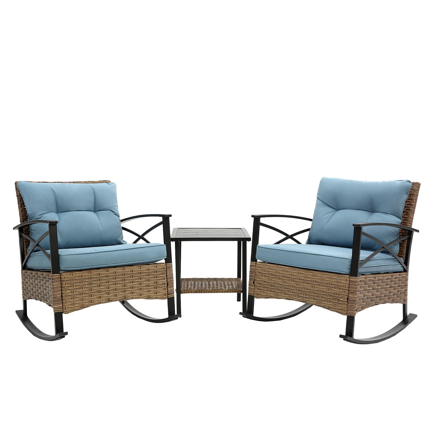 SINOFURN SYB060027BL Set of 2 Wicker Brown Wicker Frame Rocking Chair with Blue Cushioned Seat