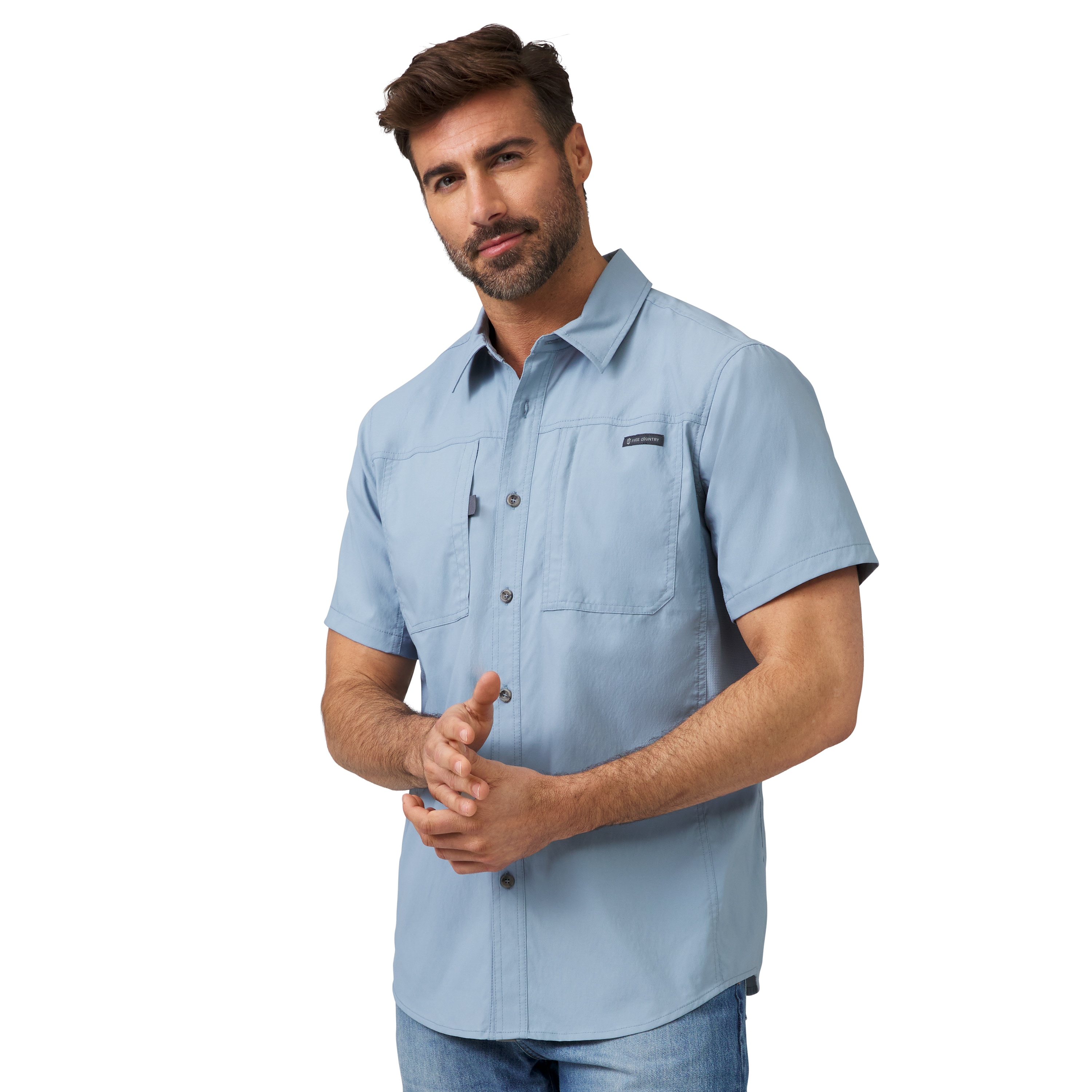 Free Country Men's Blue Woven Short sleeve Solid Button-down shirt ( Medium ) #482MAS5206-CLOUD-M