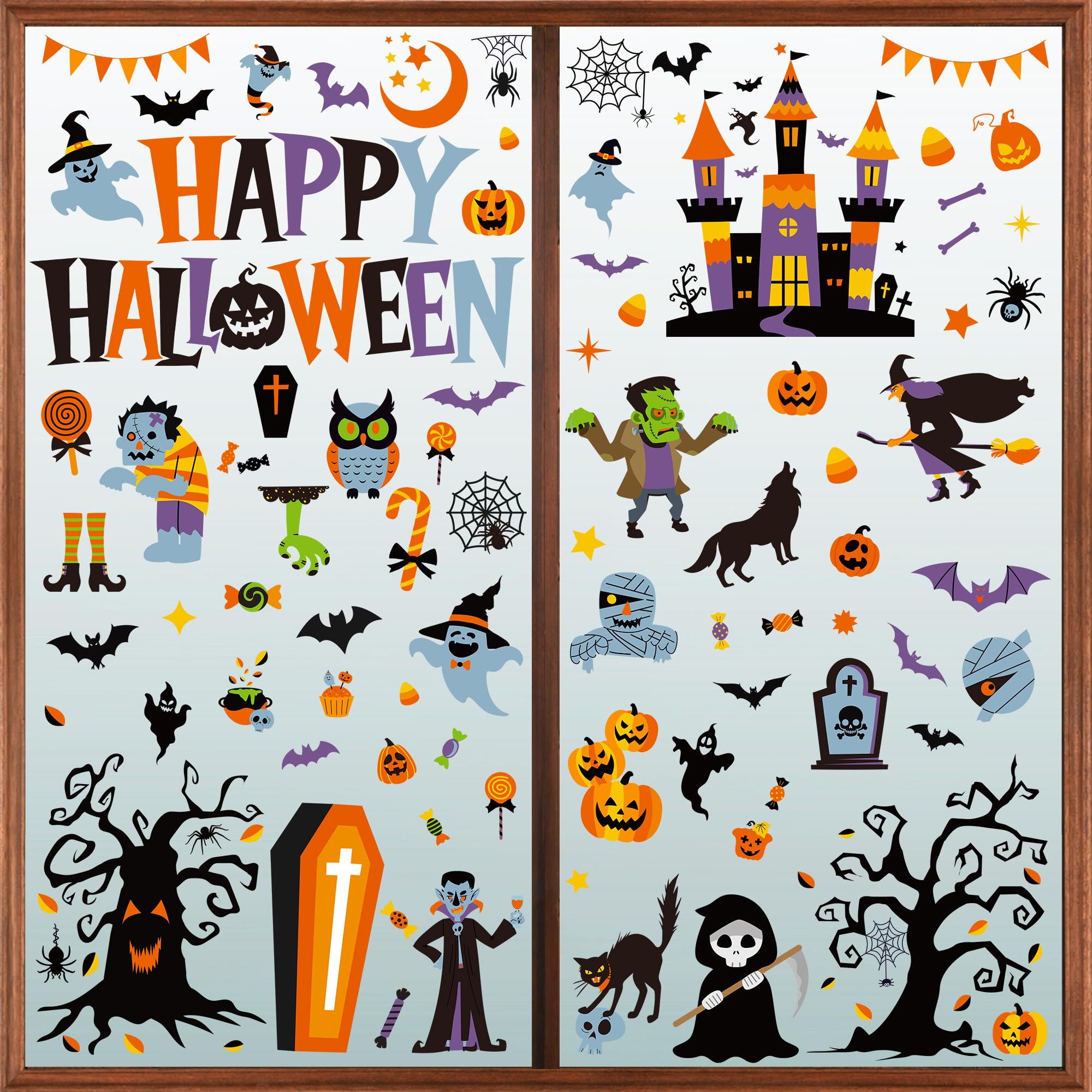 Etokfoks EFT0927I03 115PCS Halloween Window Clings 9 Sheets Decorations Cute Witch Tree Zombie Ghost Patterns PVC Stickers for Party Favors Decal Supplies