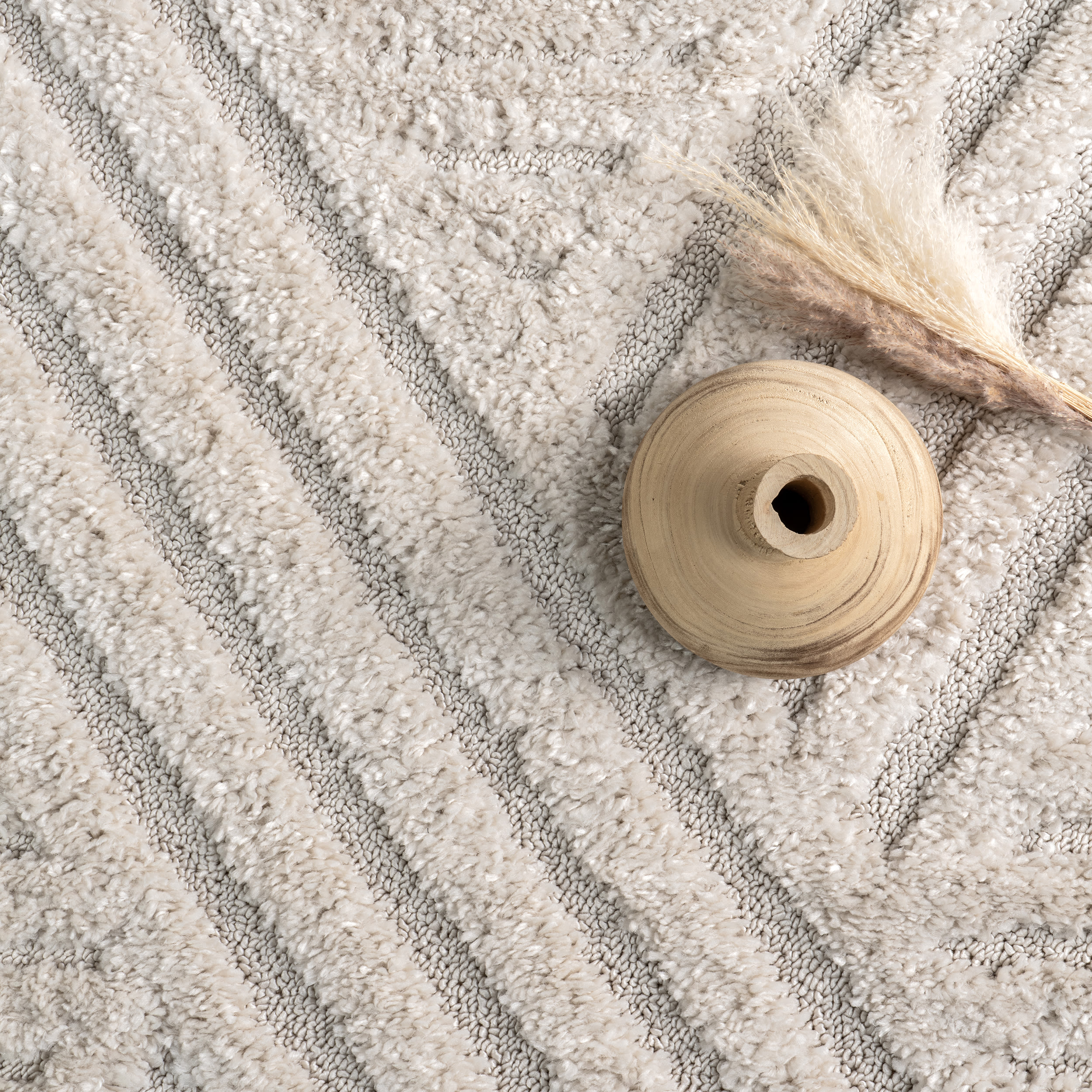 Beige Geometric Shag Rectangular Area Rug with Tassels