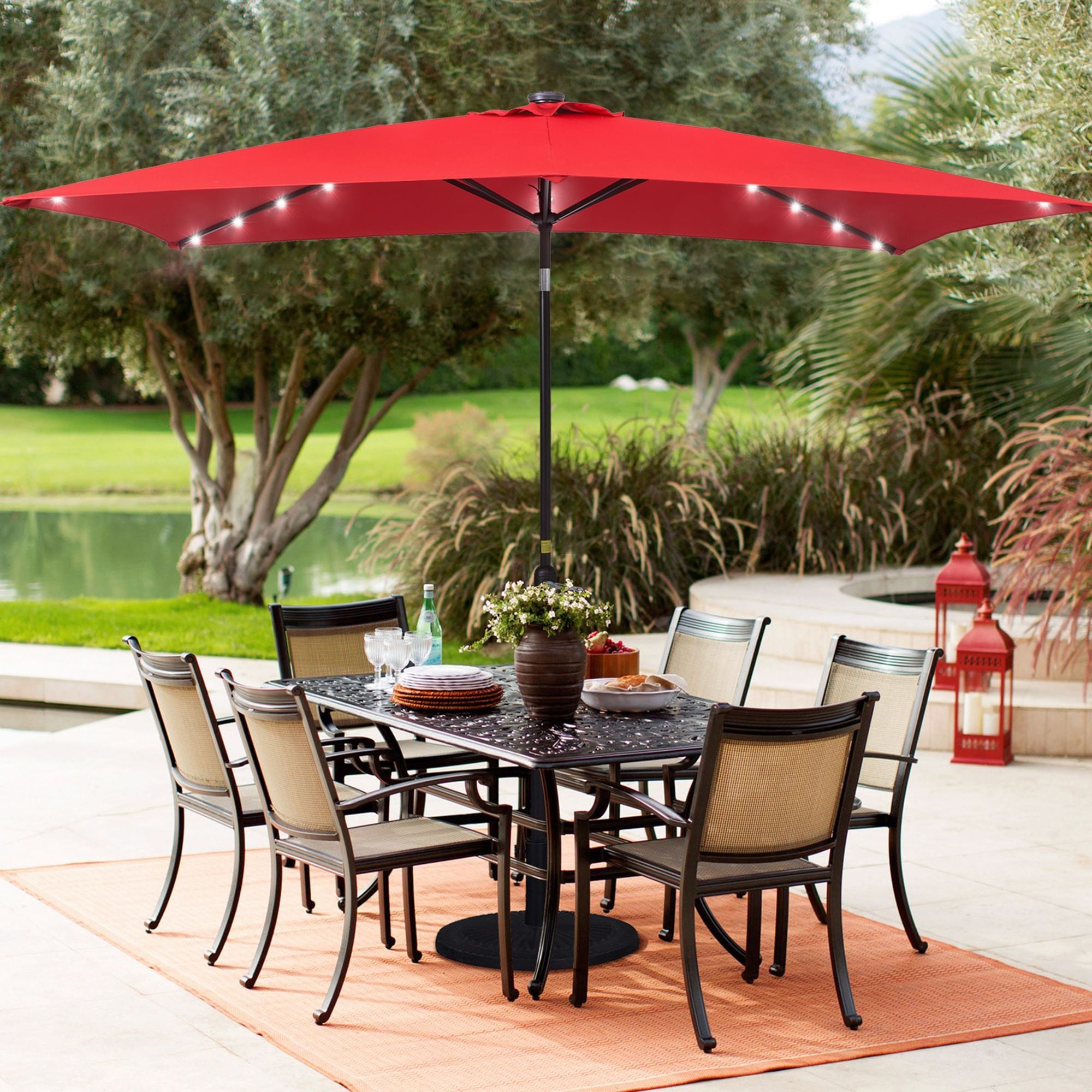 Sonkuki SD-127R-LED 10-Feet Steel Red Push-button Tilt Market Patio Umbrella with Lights and