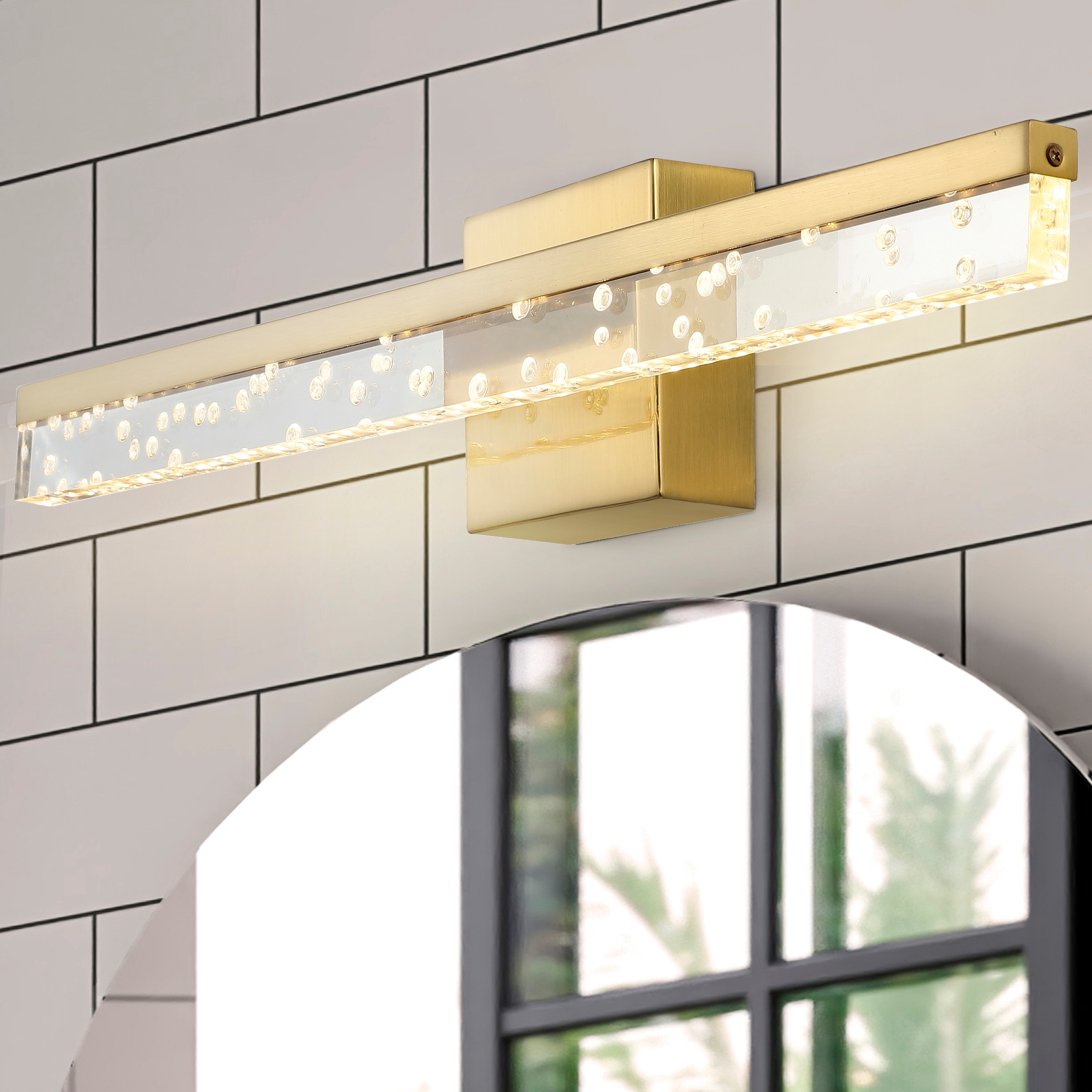 JONATHAN  Y JYL7128B Mario Iron/Seeded Acrylic 360-Degree Rotatable Modern 22-in 1 -Light Satin Gold Integrated LED Industrial Vanity light