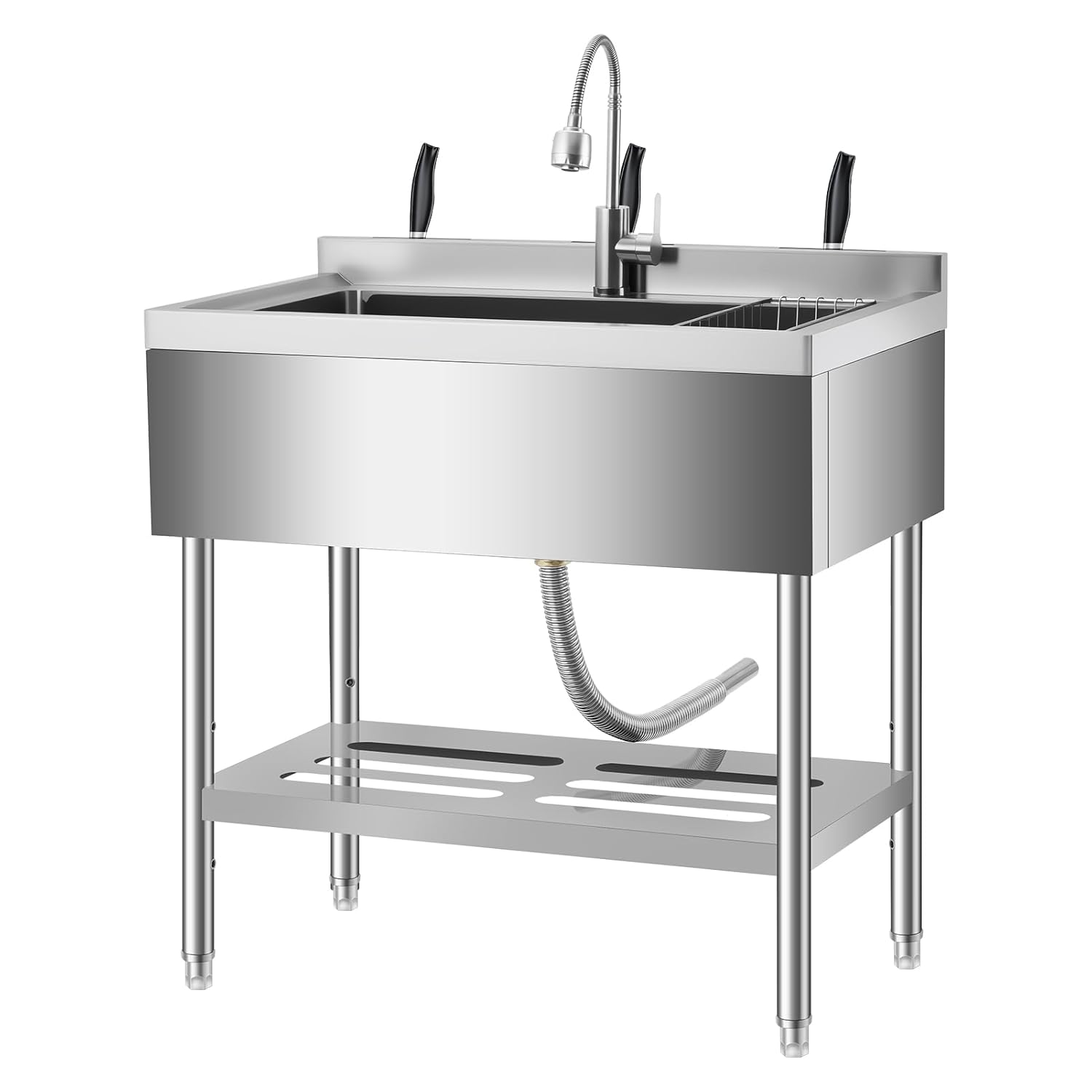 GAOMON 36x20x35 In Freestanding Stainless Steel Utility Sink Single Bowl with Pull-Out Faucet Shelf Basket and Drain Kit
