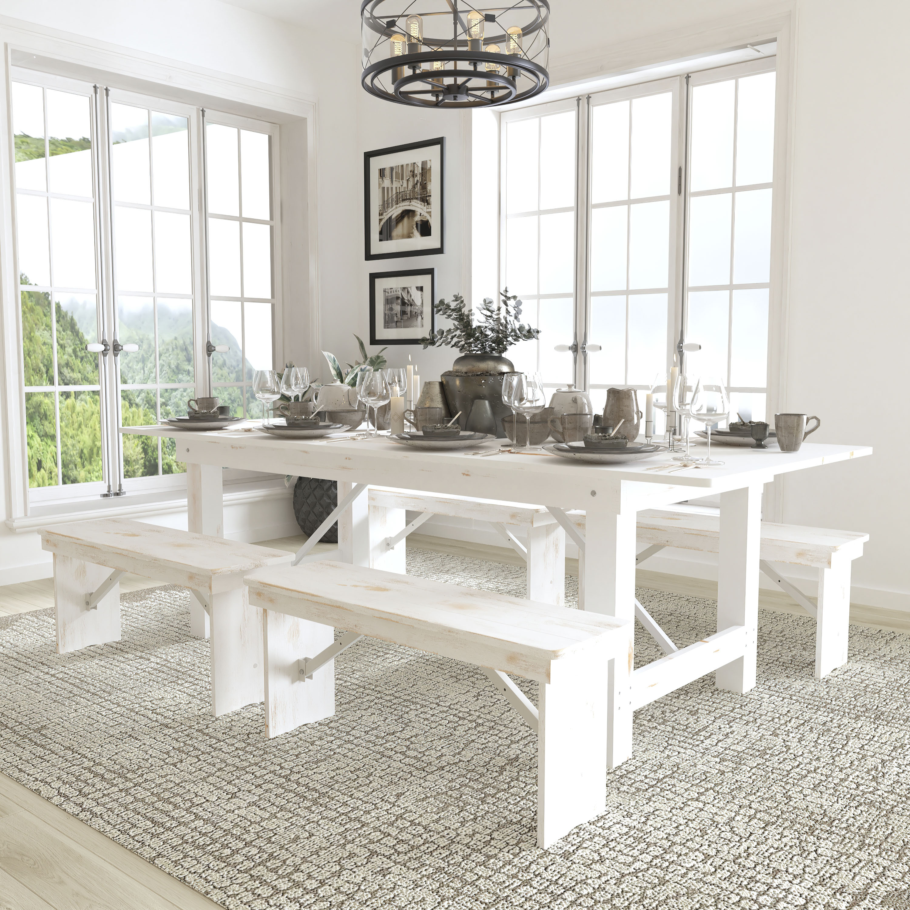 Flash Furniture 889142518921 Antique Rustic White Rustic Dining Room Set with Rectangular Table (Seats 8)