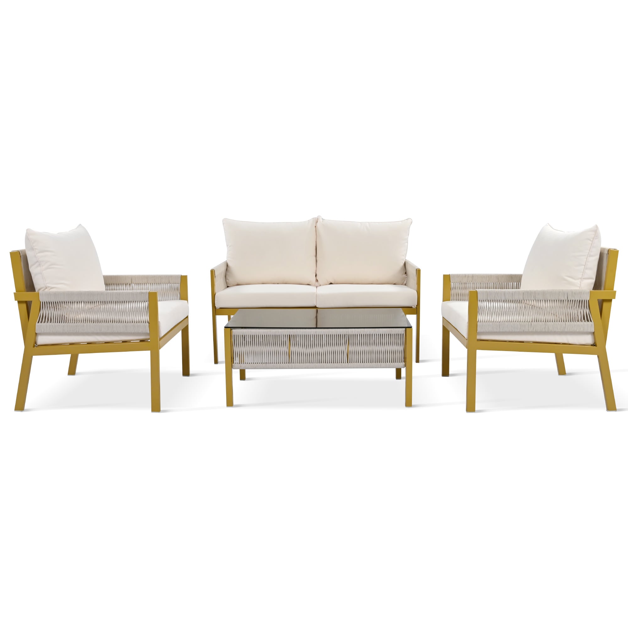 JIMSMAISON BOKKPCS02BEG-Y 4 -Piece Woven Patio Conversation Set with Tan Cushions