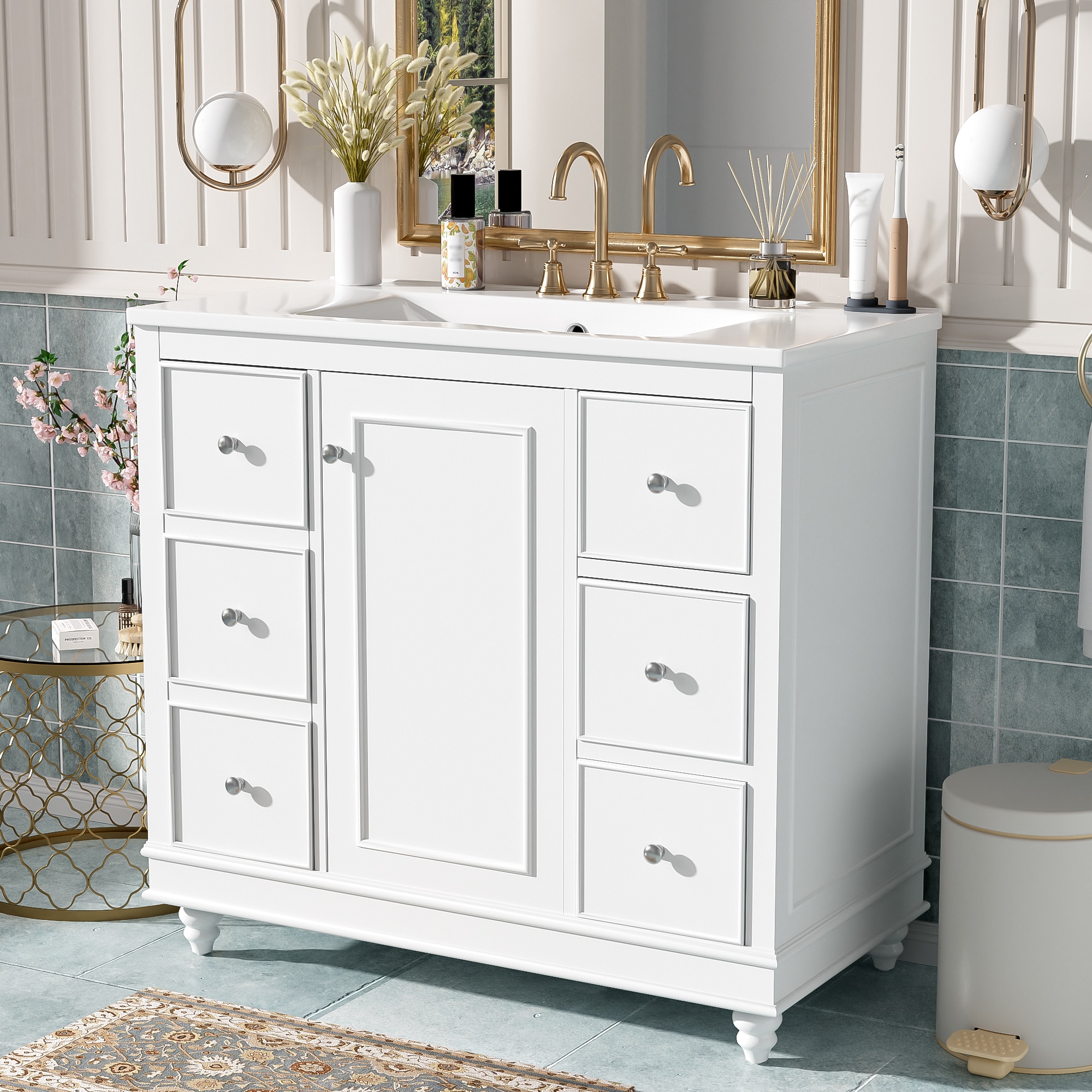 GDFStudio Lily 36 in. Modern Bathroom Vanity with Ceramic Sink and 4 Drawers and Adjustable Shelf - White