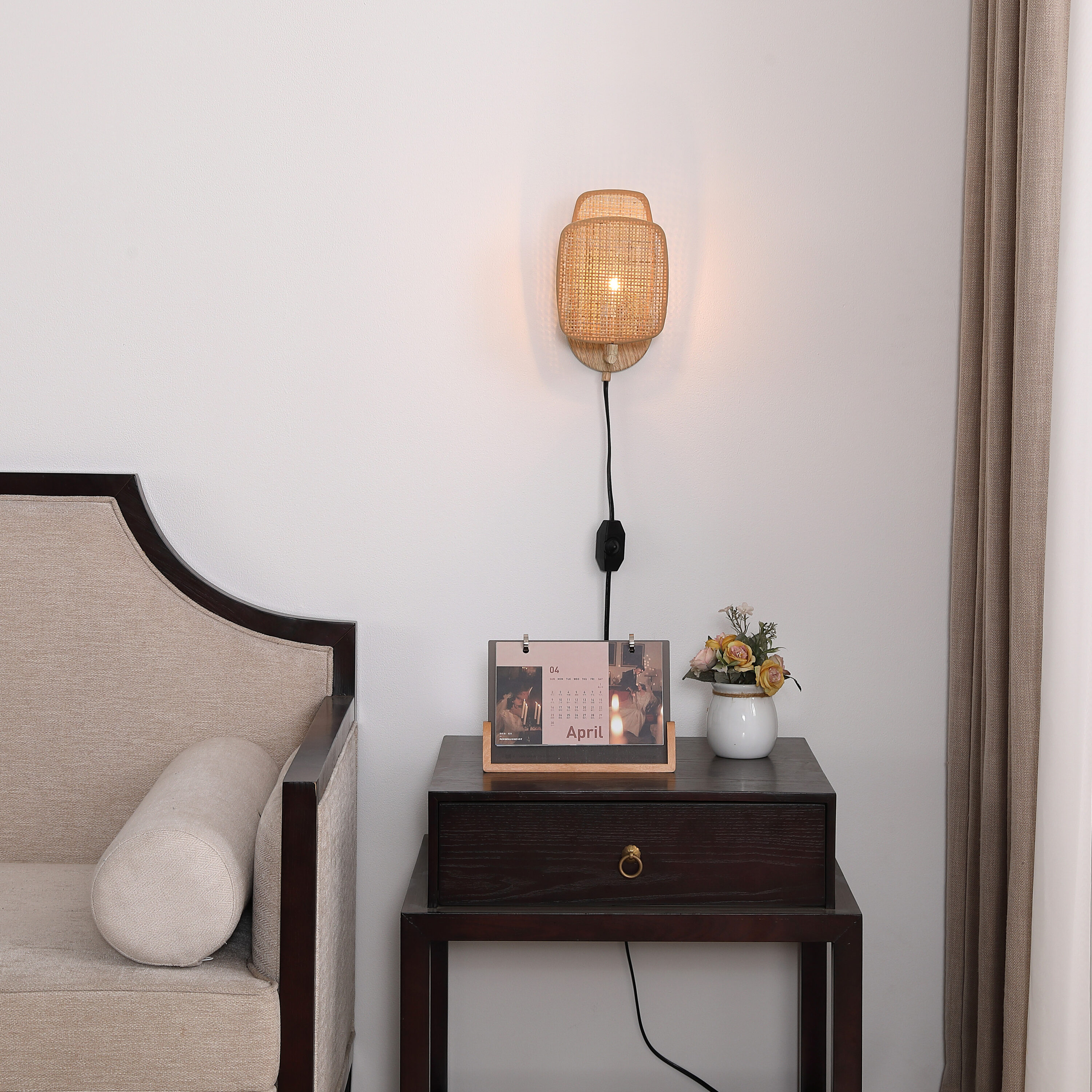Natural Woven Bamboo Plug-in Wall Sconce with Dimmer