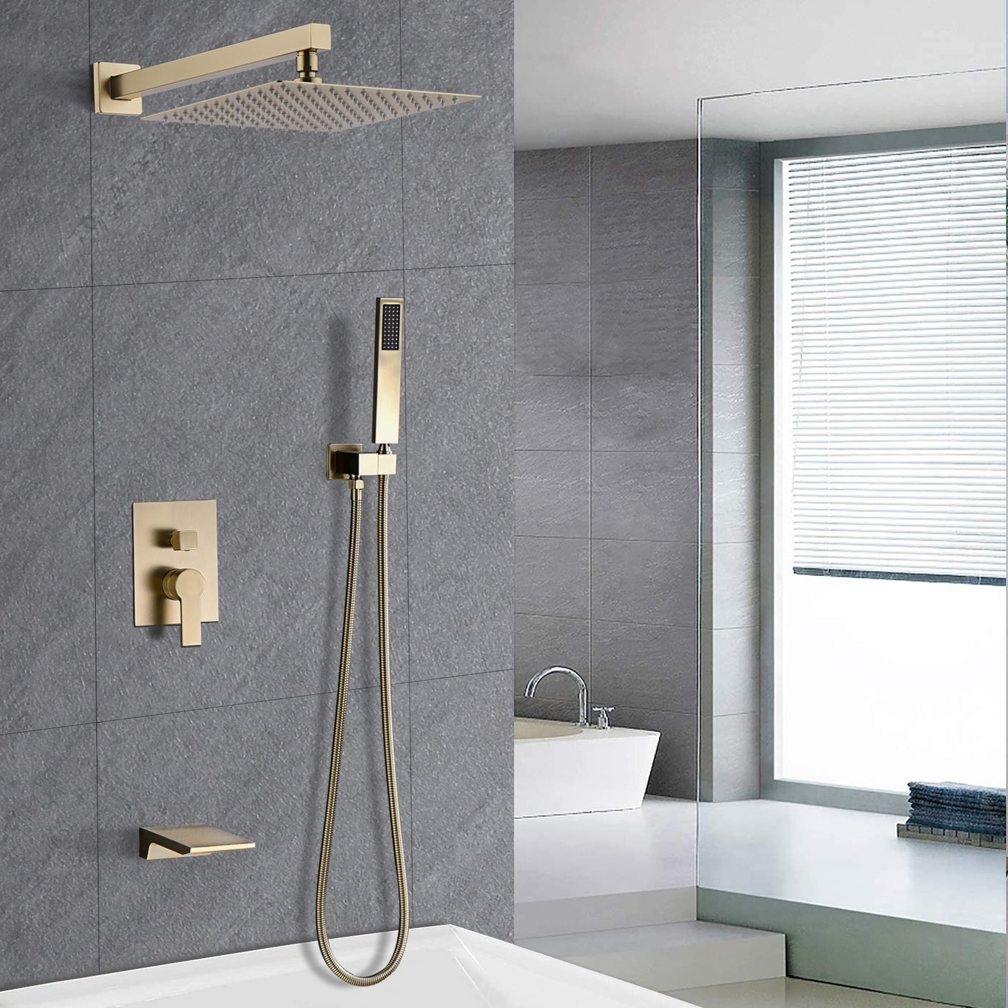 IAK - 12 inch Brushed Gold Stainless Steel Shower System with 3-Function Diverter Knob and Handhe...