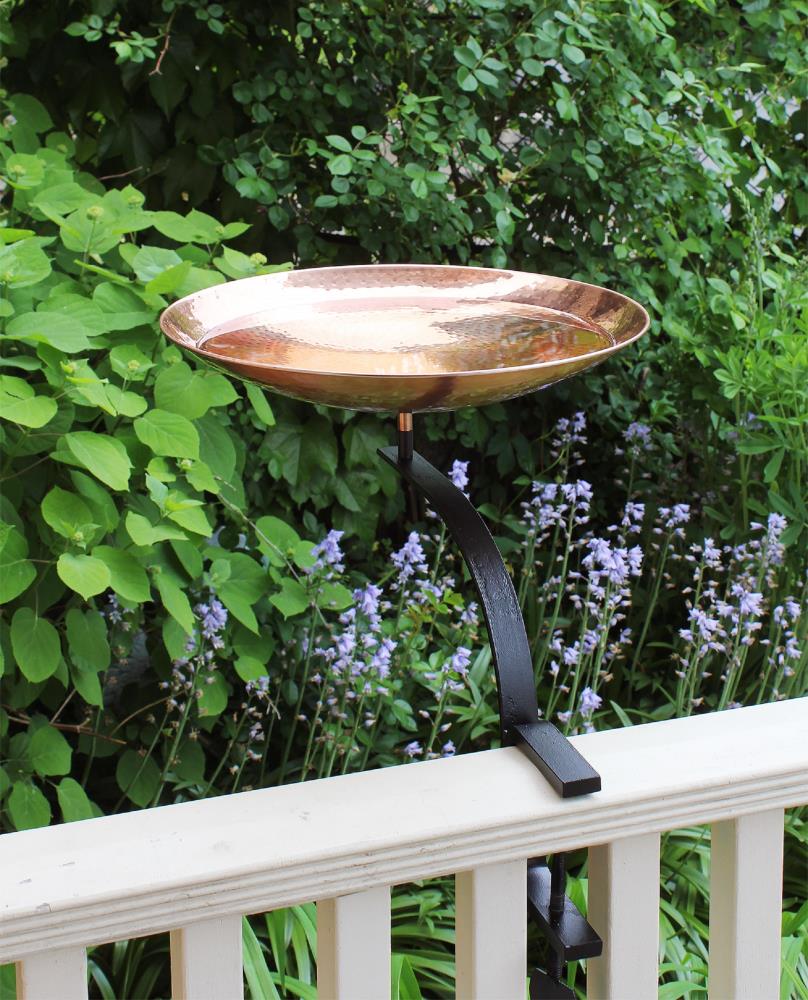 15" Polished Copper Rail-Mounted Birdbath with Wrought Iron Bracket