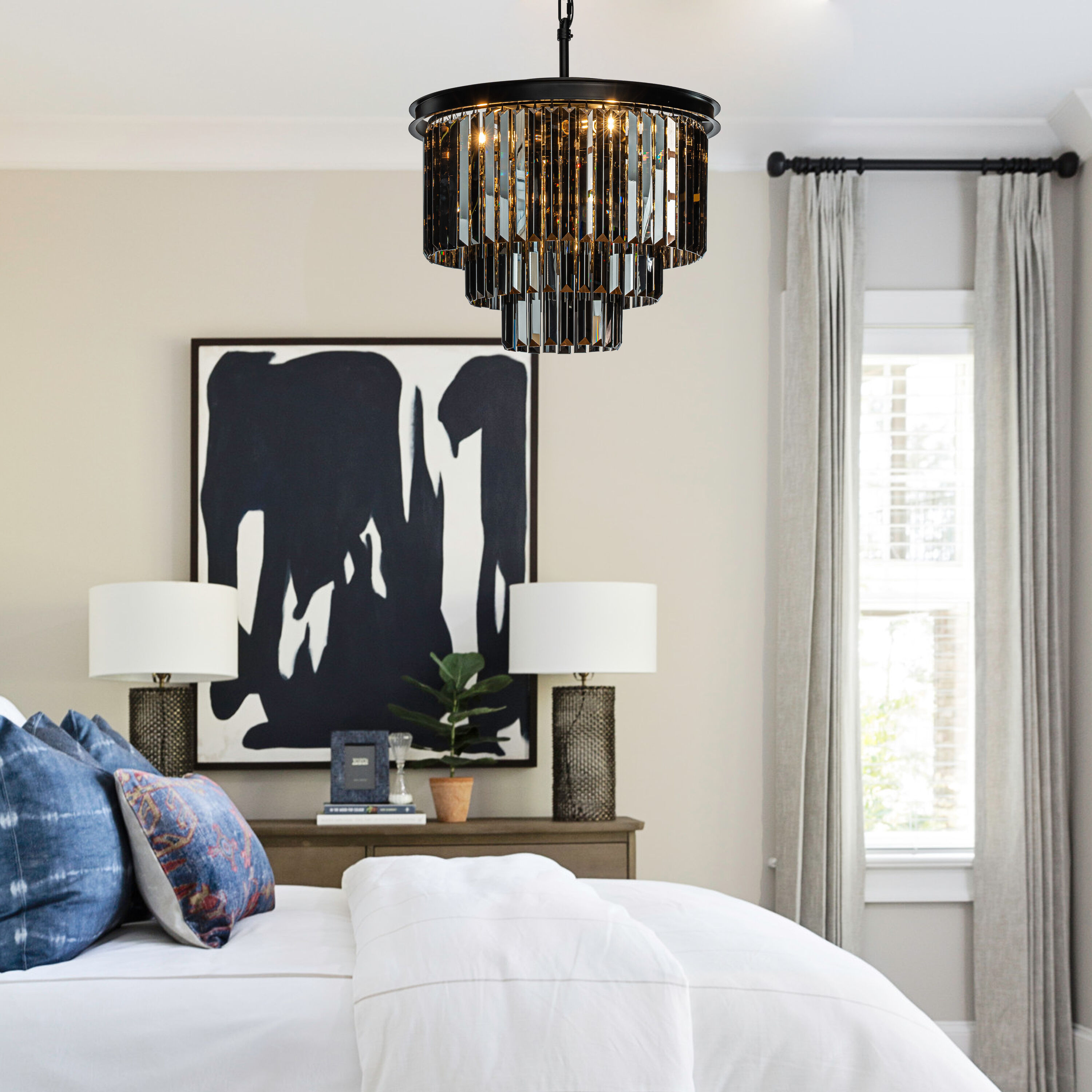 Matte Black 3-Tier Crystal Fringe Chandelier with 6 Lights