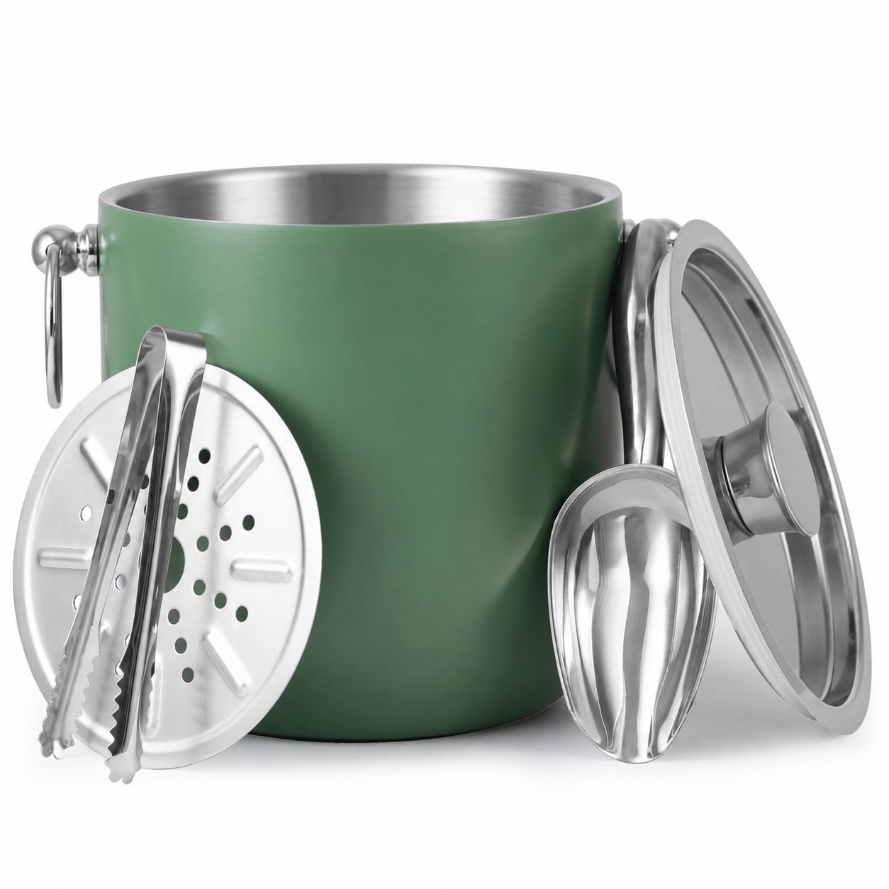 Aoibox  3 Liter Double Wall Stainless Steel Insulated Ice Bucket with Lid Tongs Scoop and Strainer in Green