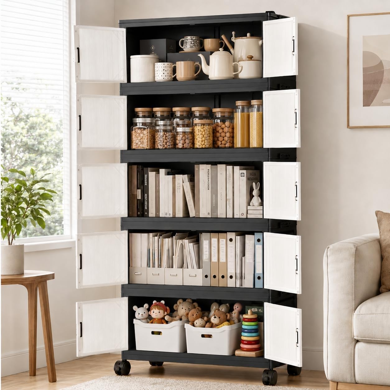 Misopily 5 Tier Foldable Storage Cabinet with Top Lid Magnetic Doors ...