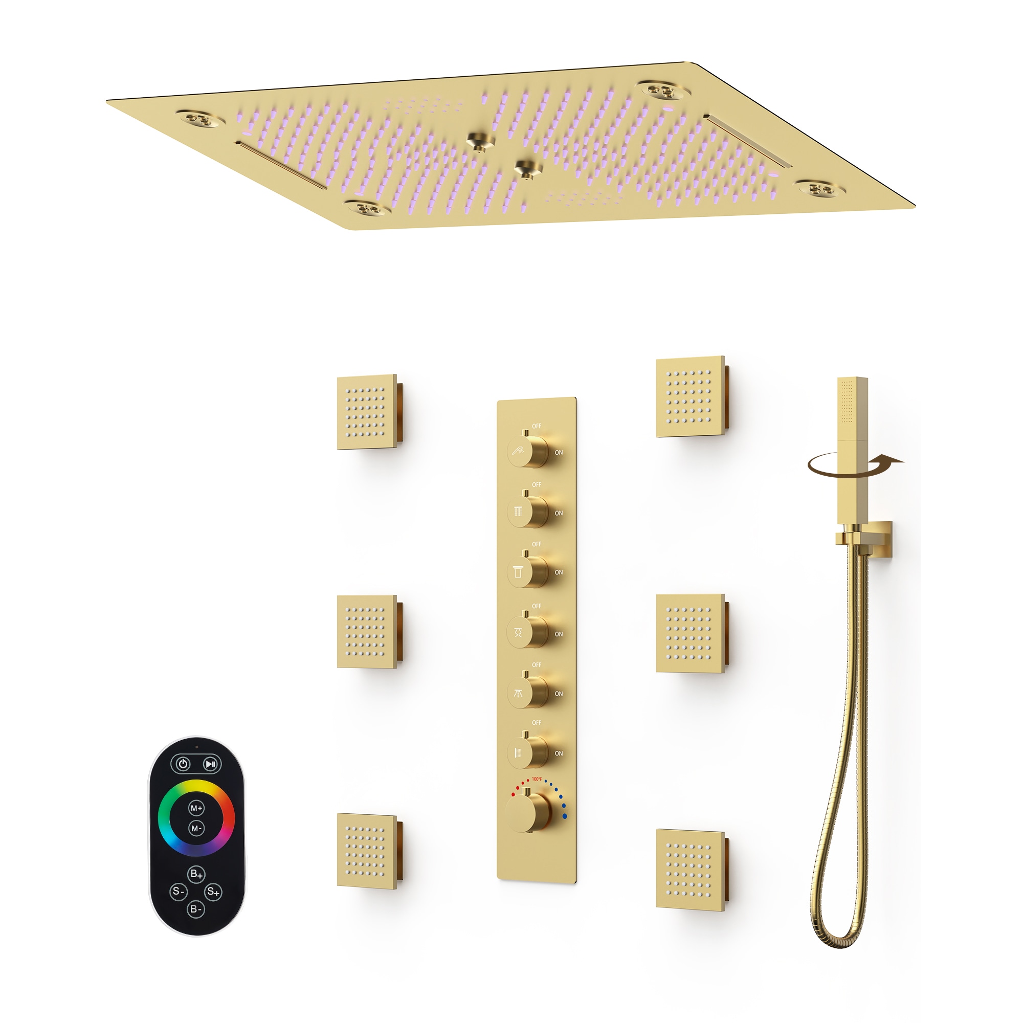 YAWWALK - 6-Spray Mode 64 Color LED Rain Shower 27 1/2 x 12 3/4 in Ceiling Mounted with Handheld ...