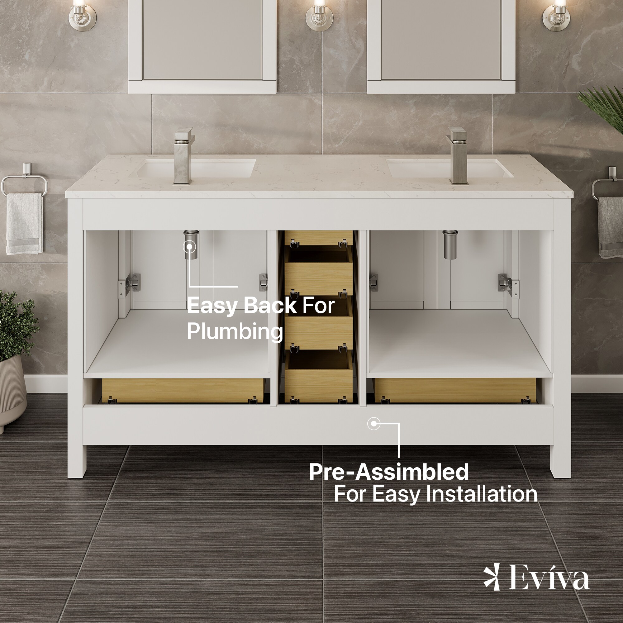 London Double Sink White Bathroom Vanity with Carrara Quartz Countertop