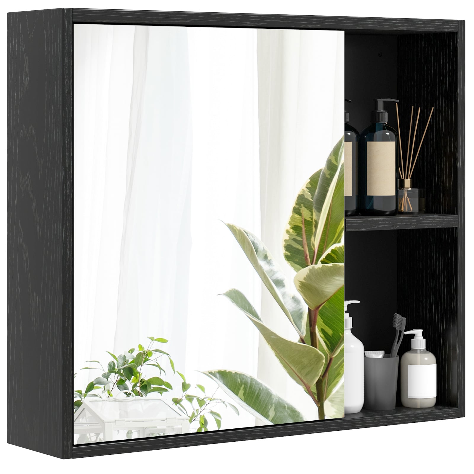 WELLFOR UTG12212DK 25-in x 21.5-in Surface Mount Black Mirrored Rectangle Soft Close Medicine Cabinet