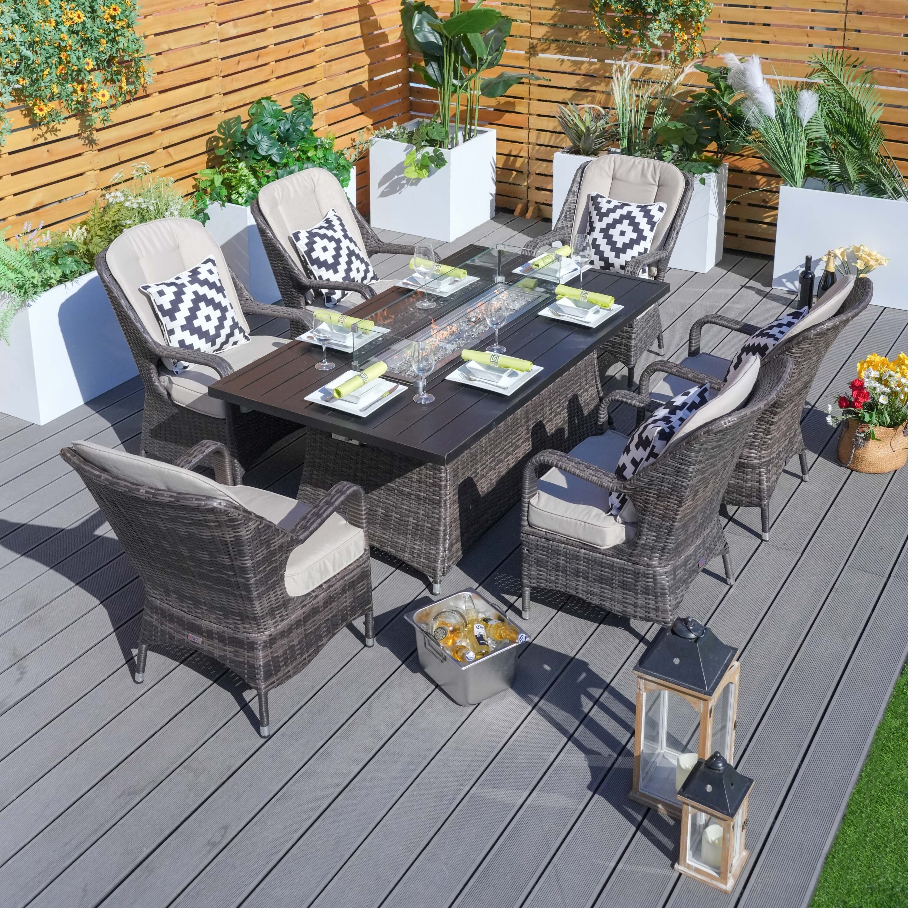 Direct Wicker DWG-1106RA-BR Flame 7 -Piece white Wicker Patio Dining Set Aluminum Rectangle Table with 6 White Cushions Stationary Chairs Fire Pit Included
