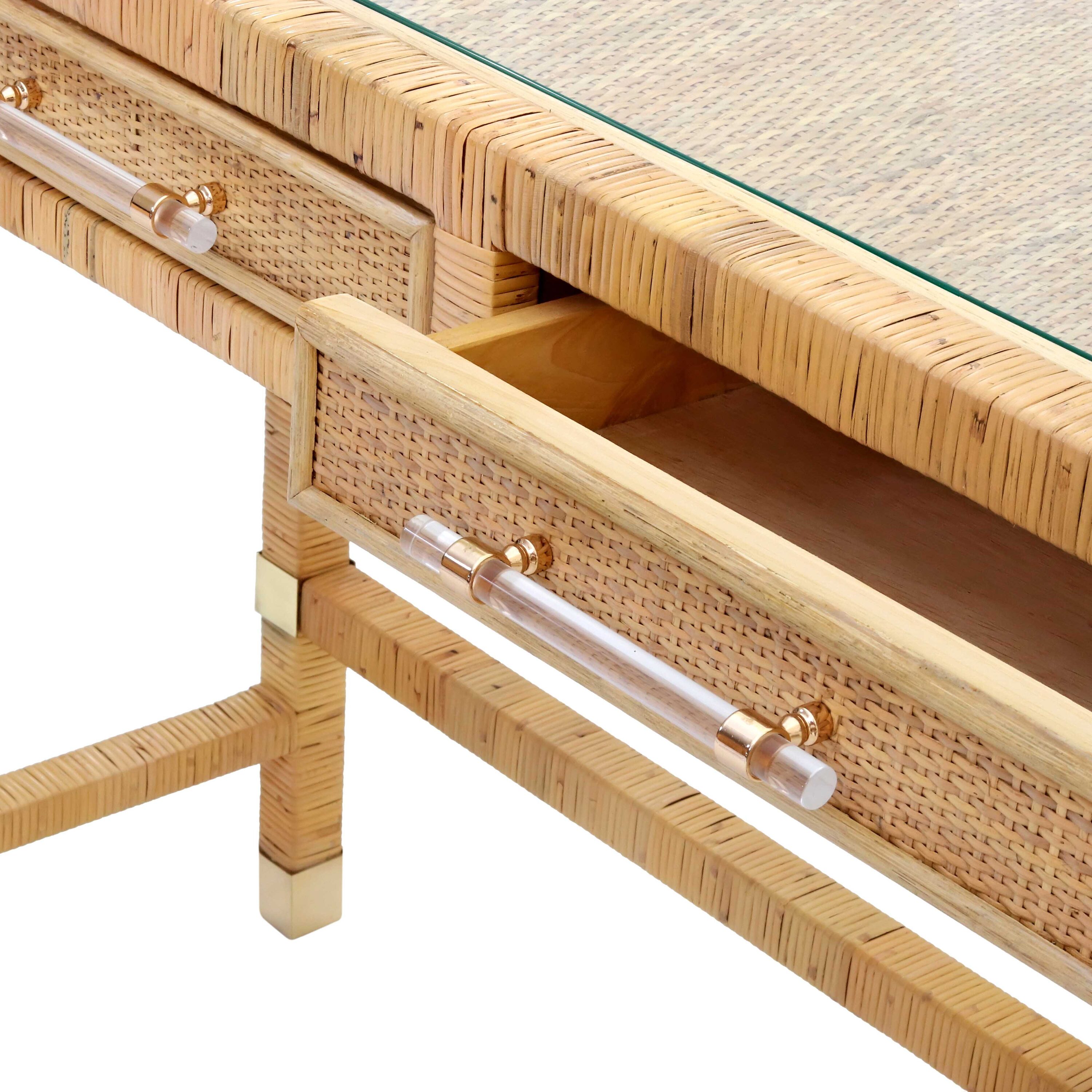 Amara Natural Rattan and Glass Home Office Desk with Drawers