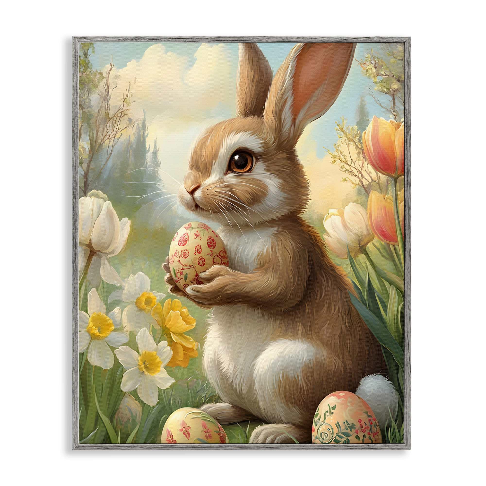 Stupell Industries BT-773-GFF-16X20 Easter Bunny with Painted Eggs Gray Framed Giclee Art By Franklyn Gregory 16 x 20